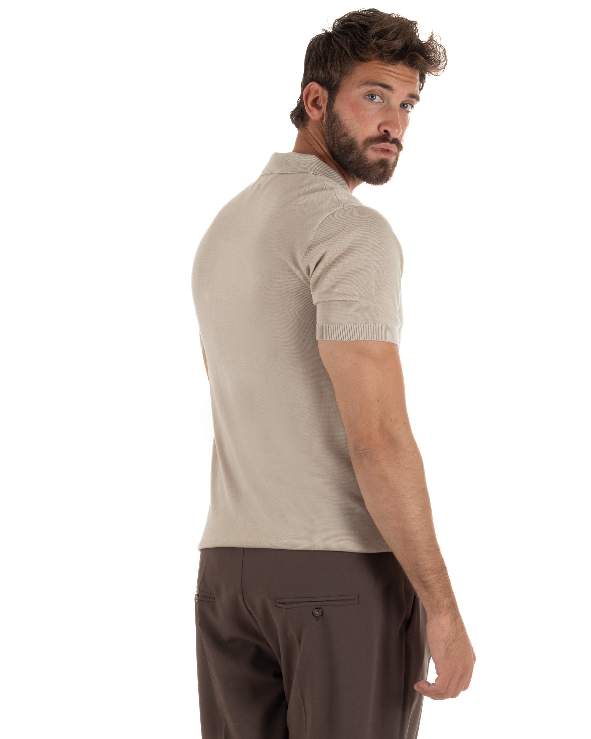 Polo uomo filo maglia basic colletto aperto sottogiacca beige GIOSAL-TS3289A