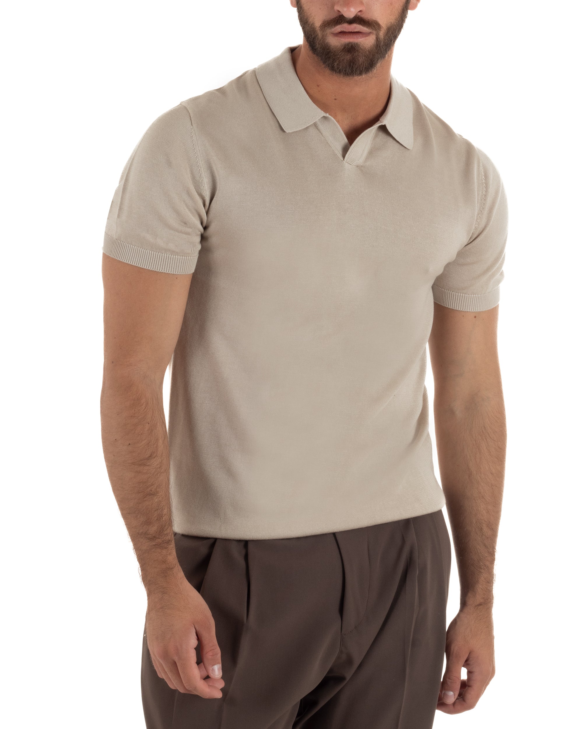 Polo uomo filo maglia basic colletto aperto sottogiacca beige GIOSAL-TS3289A