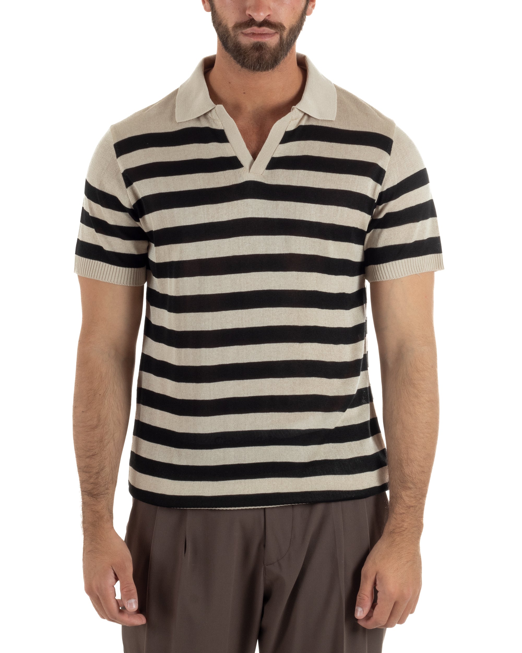 Polo uomo beige rigata filo maglia colletto aperto estiva casual elegante 100% acrilico Giosal