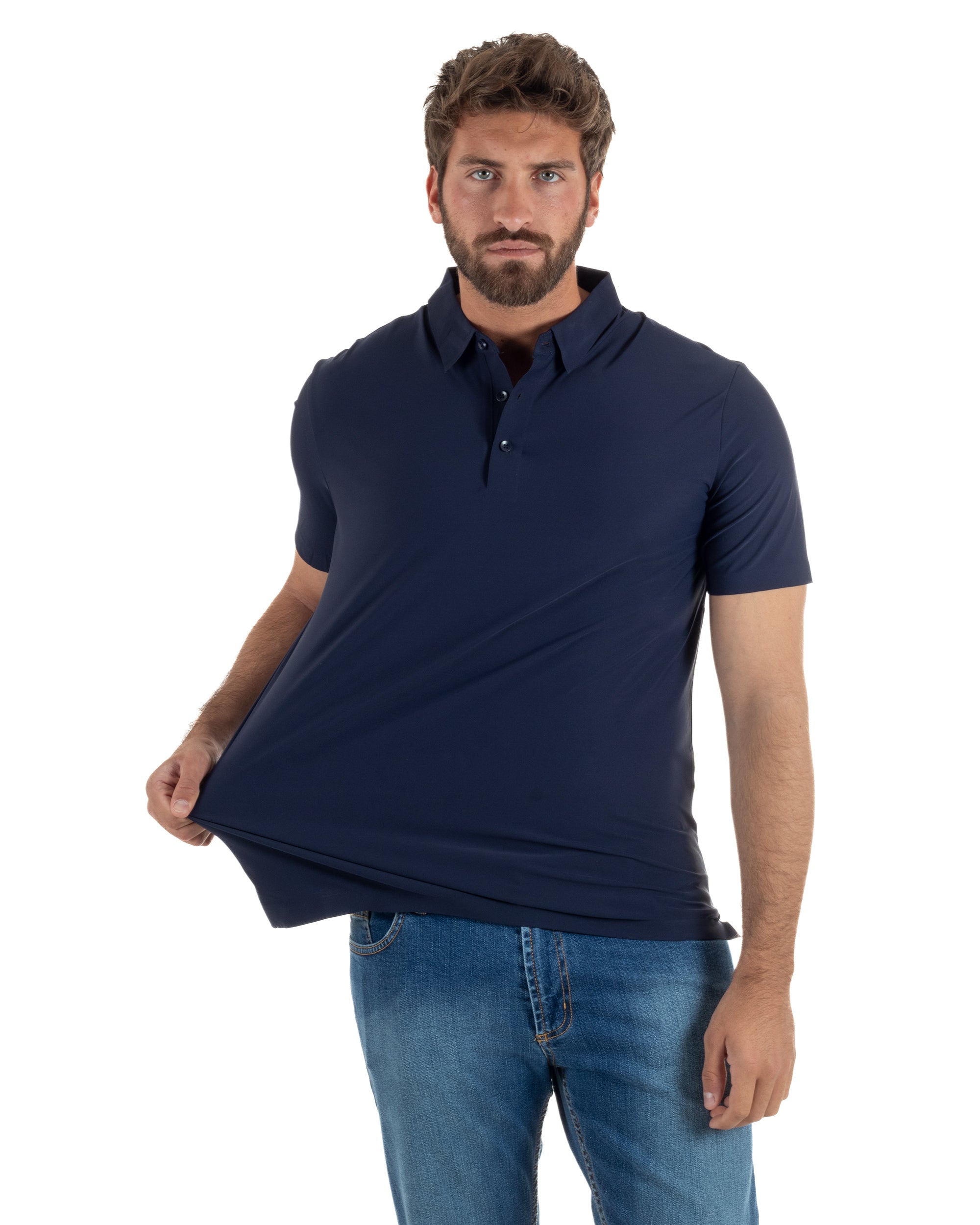 Polo uomo no-stiro stretch colletto con bottoni maglia basic blu GIOSAL-TS3292A