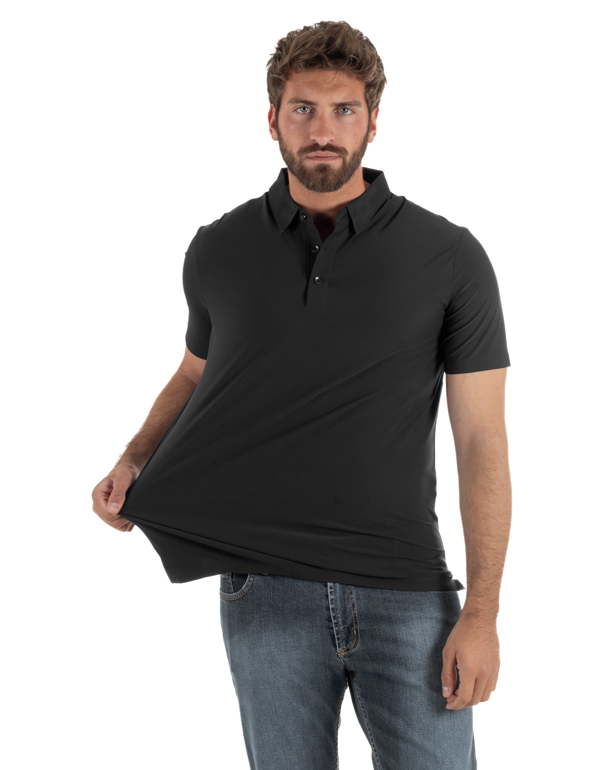 Polo uomo no-stiro stretch colletto con bottoni maglia basic nero GIOSAL-TS3293A
