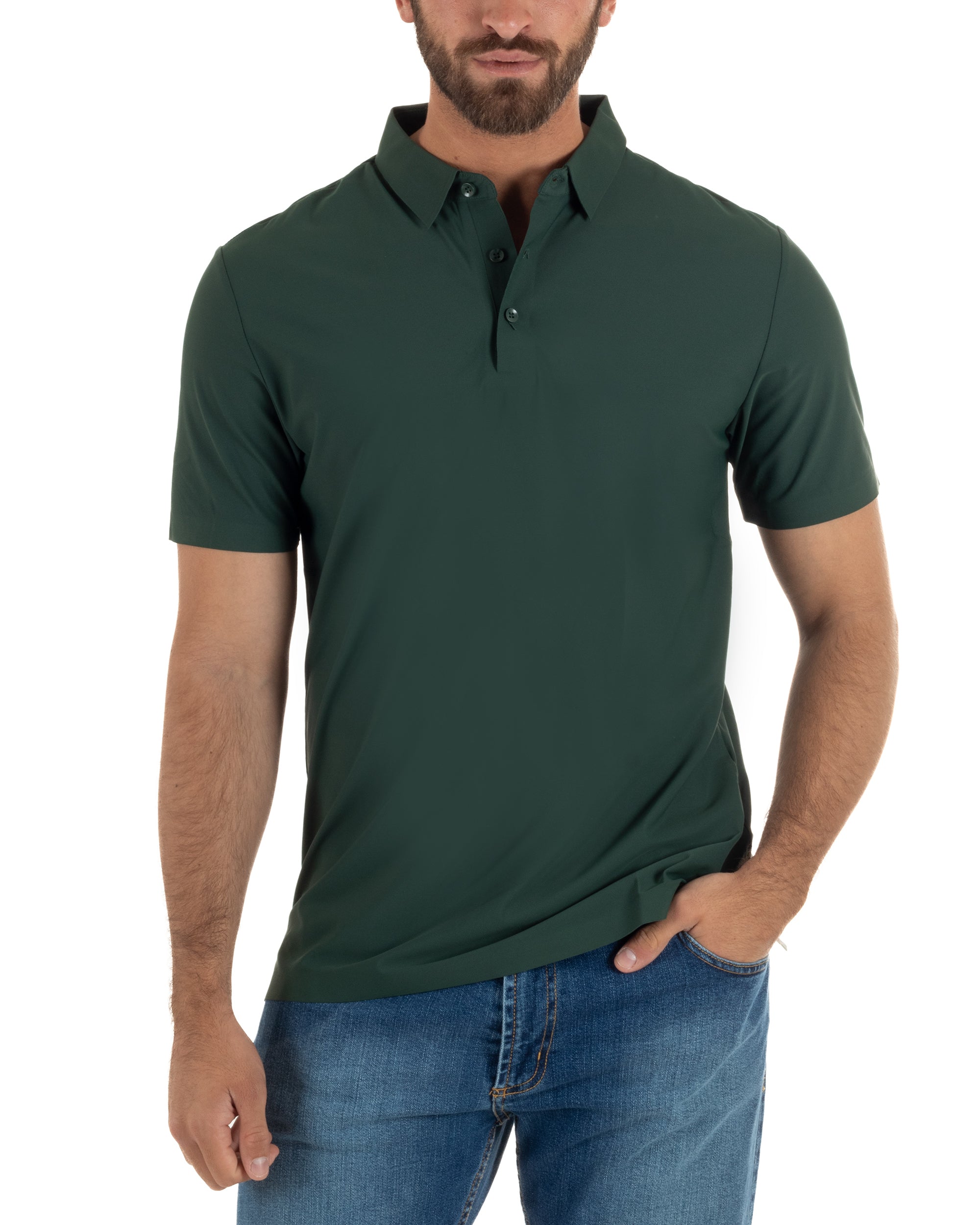 Polo uomo no-stiro stretch colletto con bottoni maglia basic verde GIOSAL-TS3294A