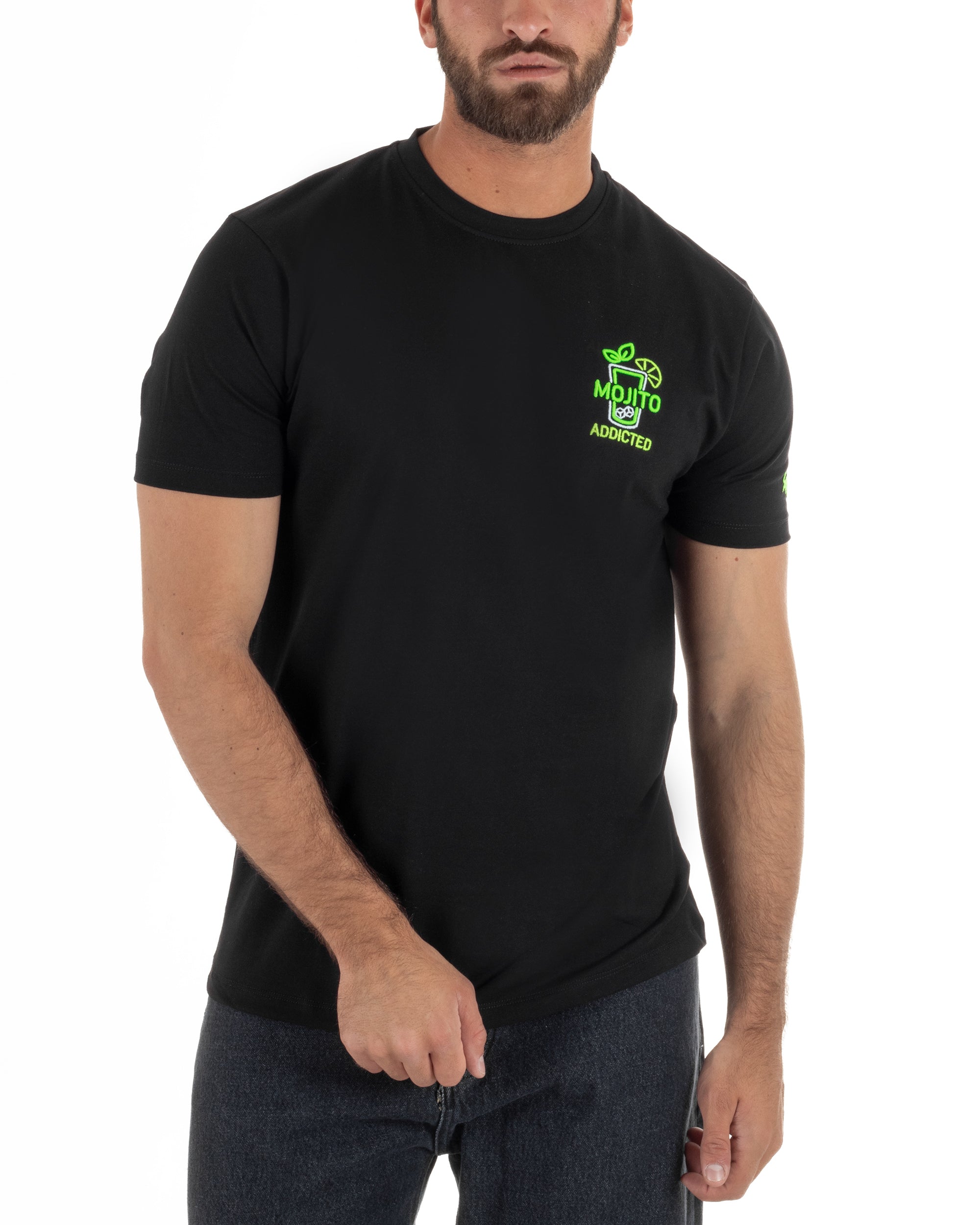 T-shirt uomo girocollo basic con ricamo Mojito Addicted leggera nero SUPERCULTURE-A1843