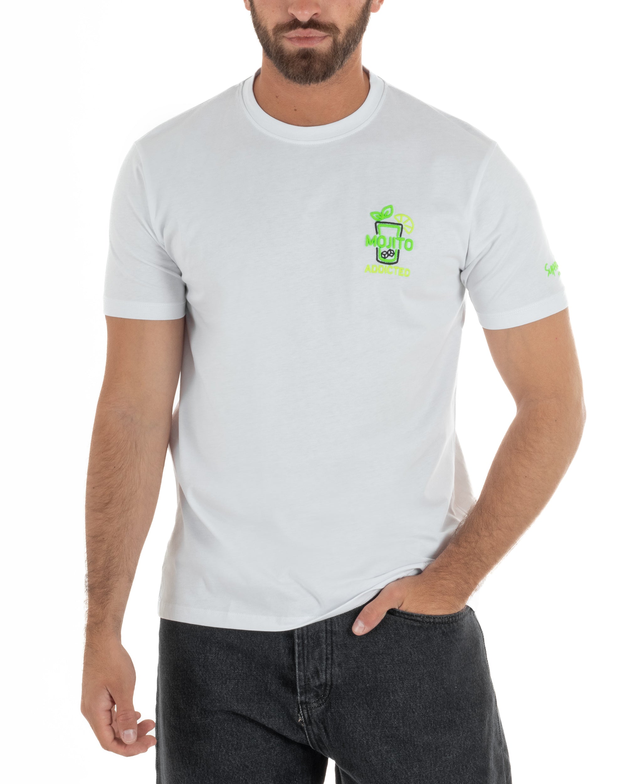 T-shirt uomo girocollo basic con ricamo Mojito Addicted leggera bianco SUPERCULTURE-A1843