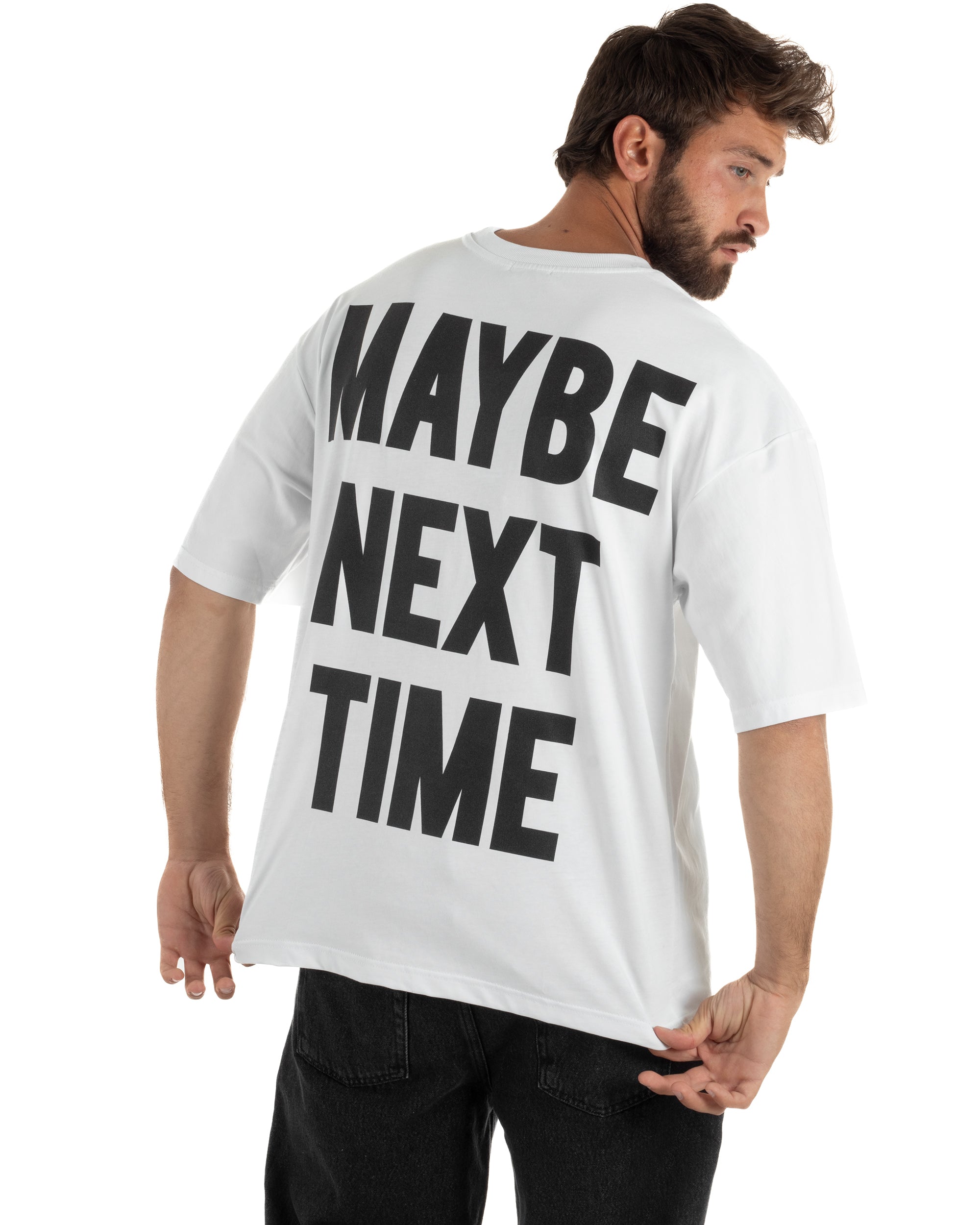  T-shirt uomo bianco oversize girocollo rinforzato costina maxi stampa retro streetwear made in Italy