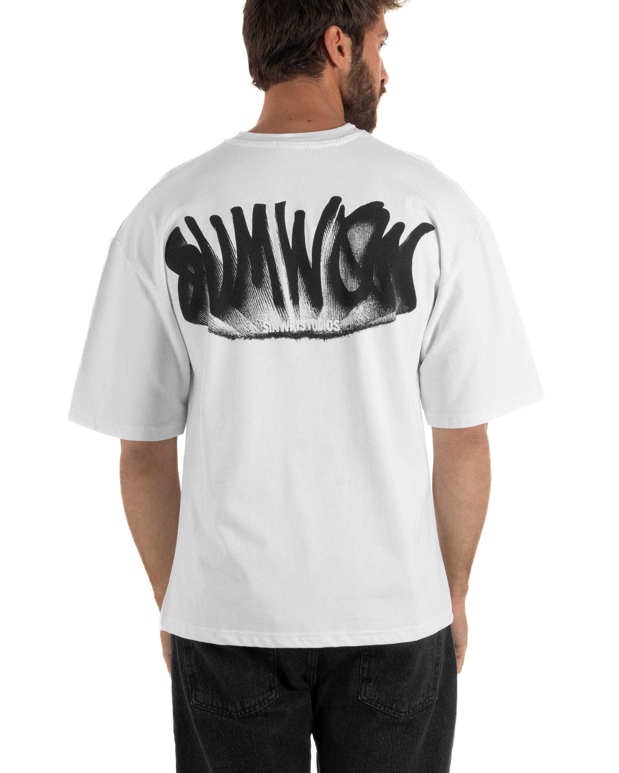 T-shirt uomo girocollo oversize streetwear con stampa posteriore bianco GIOSAL-TS3301A