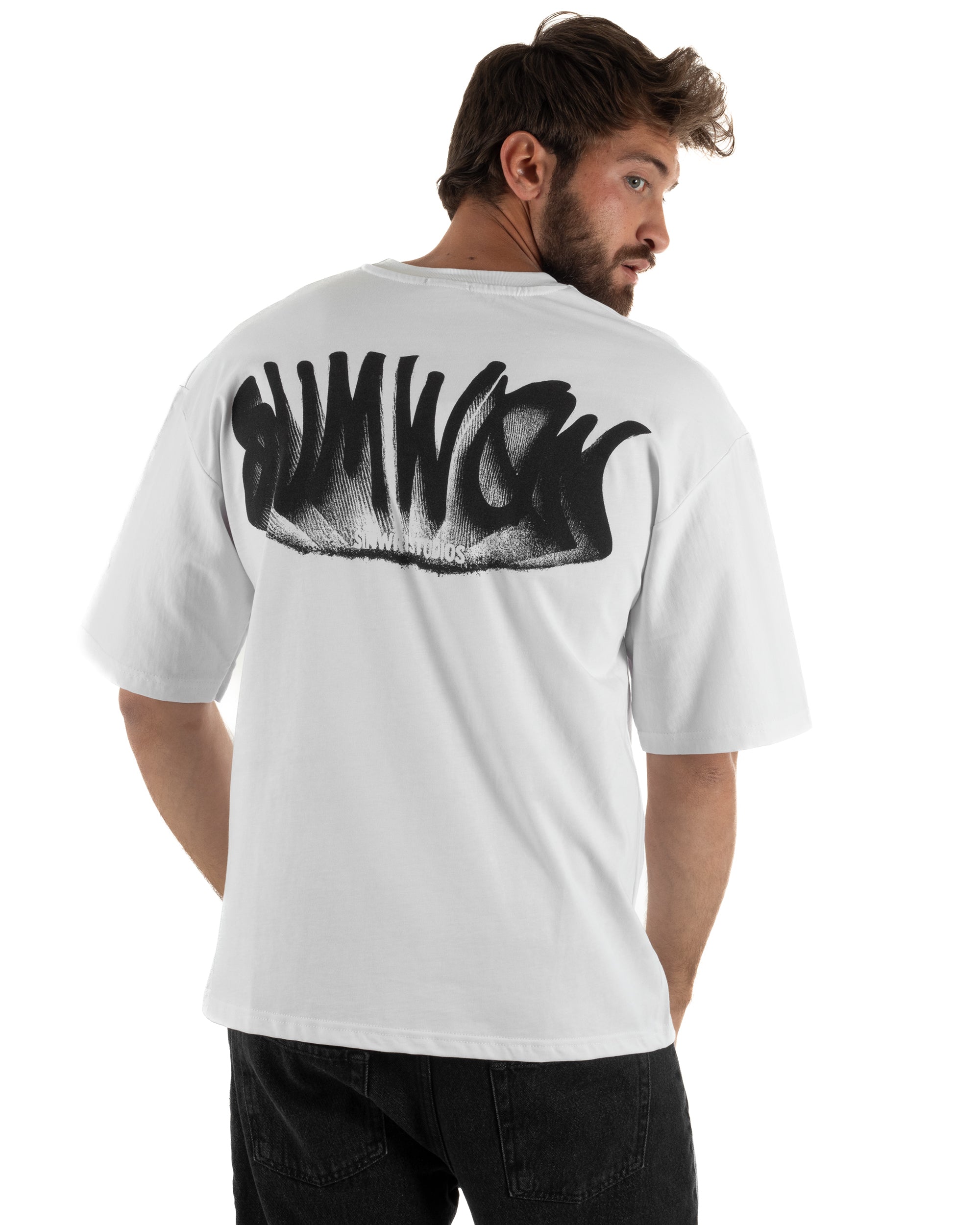 T-shirt uomo girocollo oversize streetwear con stampa posteriore bianco GIOSAL-TS3301A