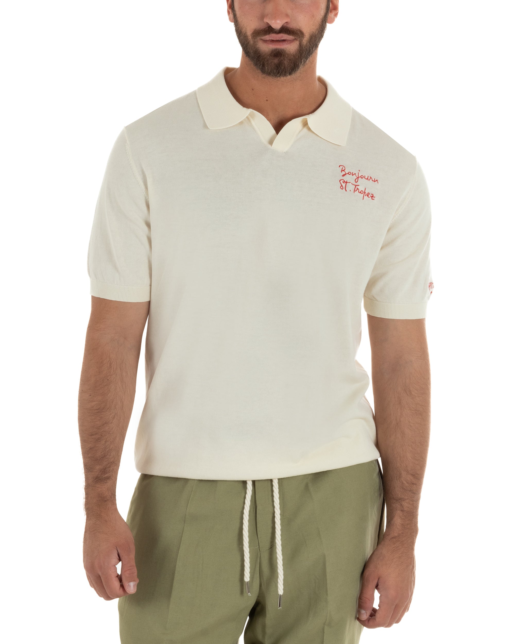 Polo uomo panna maglia filo leggera colletto aperto ricami petto manica regular fit Superculture