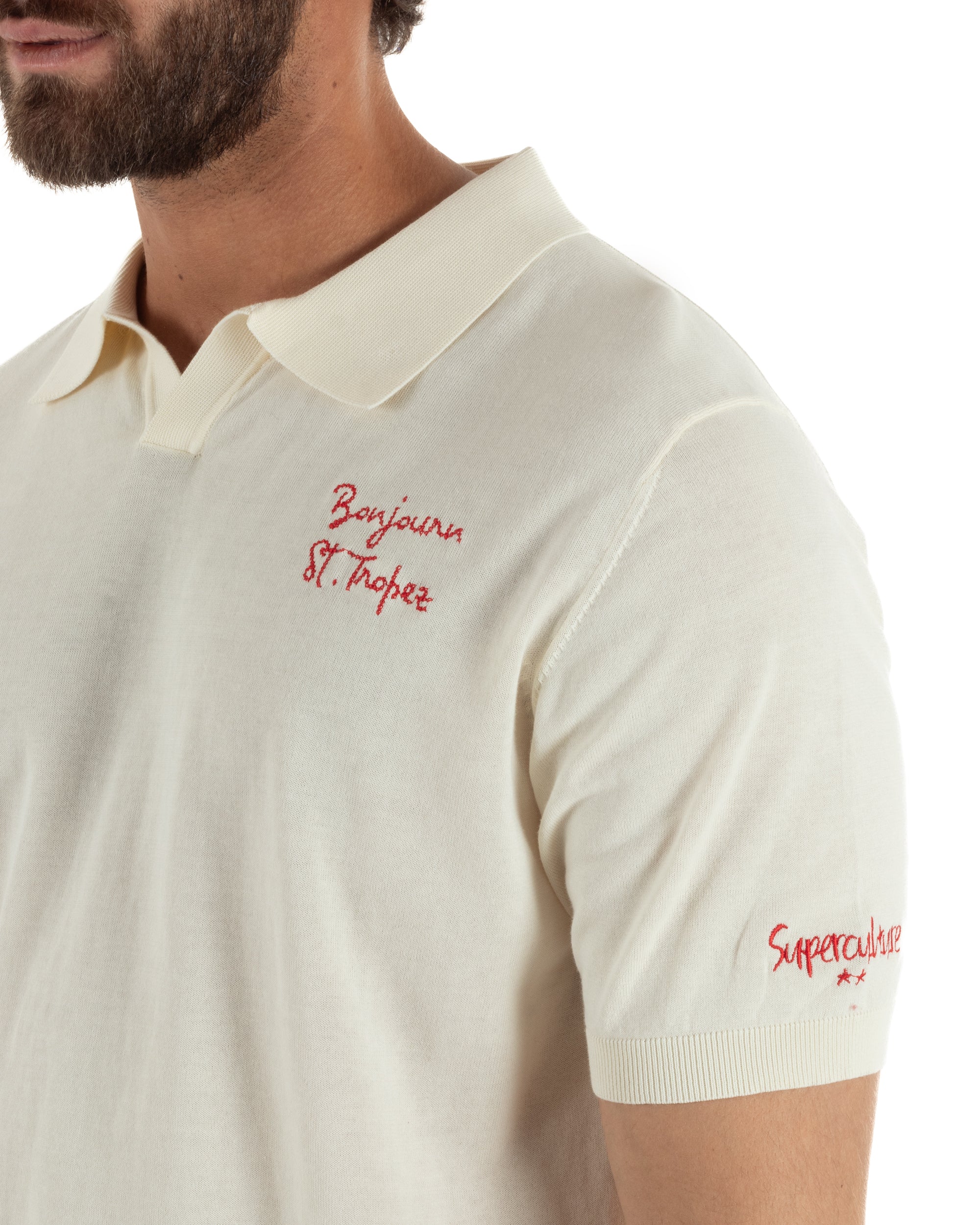 Dettaglio ricamo manica polo panna uomo filo leggera regular fit cotone elegante Superculture