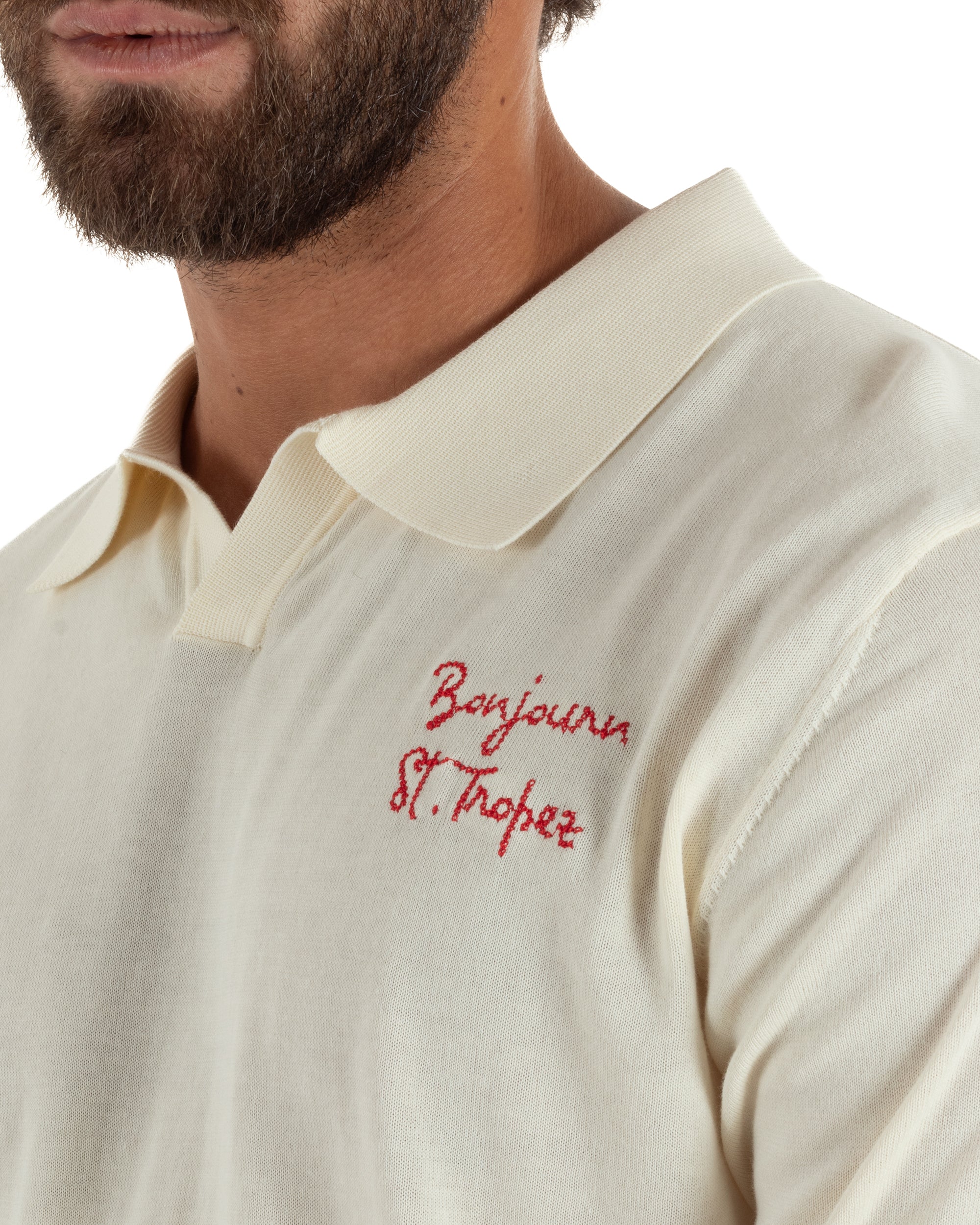 Polo uomo maglia filo leggera con ricami e colletto aperto panna SUPERCULTURE-AK6011