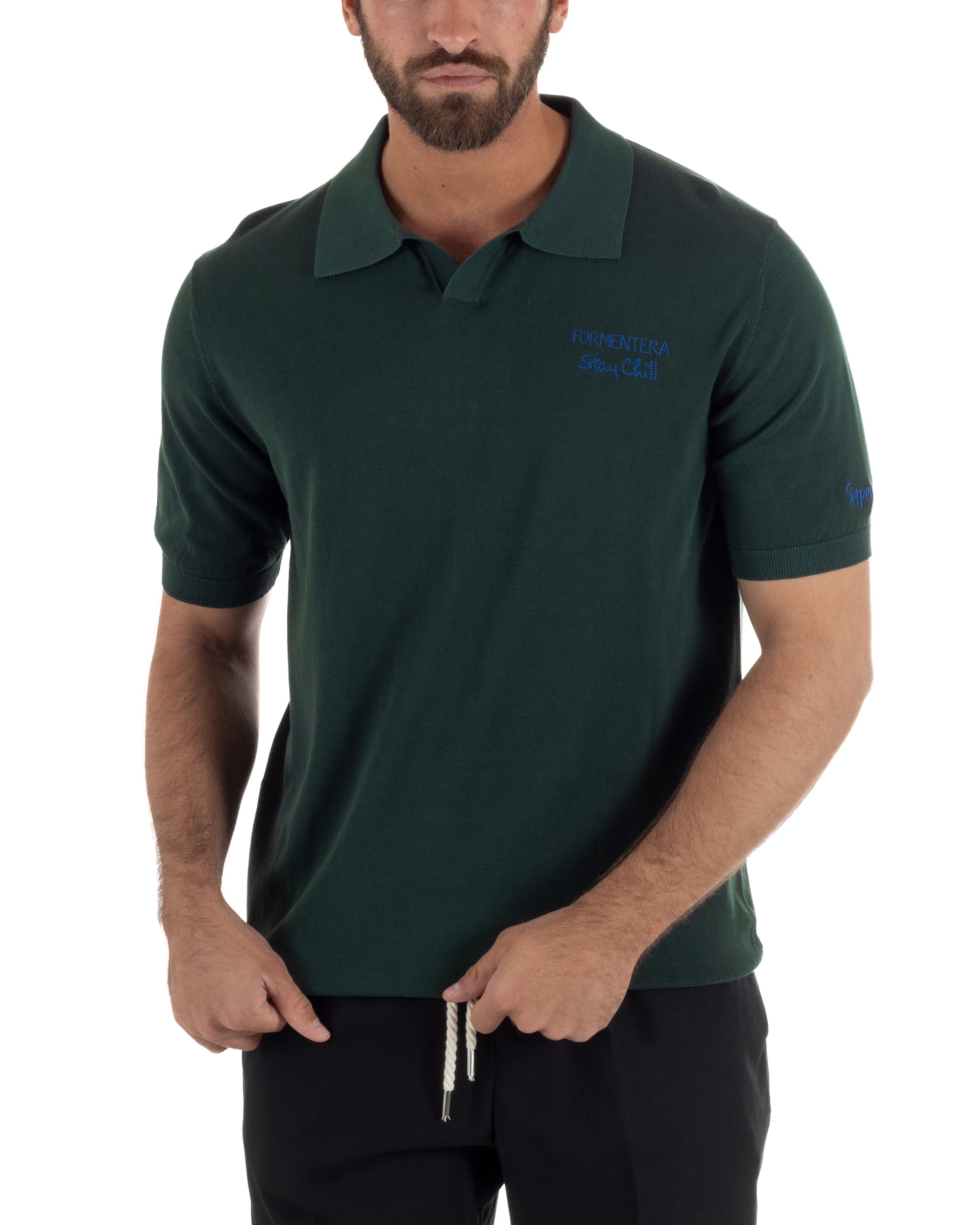 Polo uomo maglia filo leggera con ricami e colletto aperto verde SUPERCULTURE-AK6013