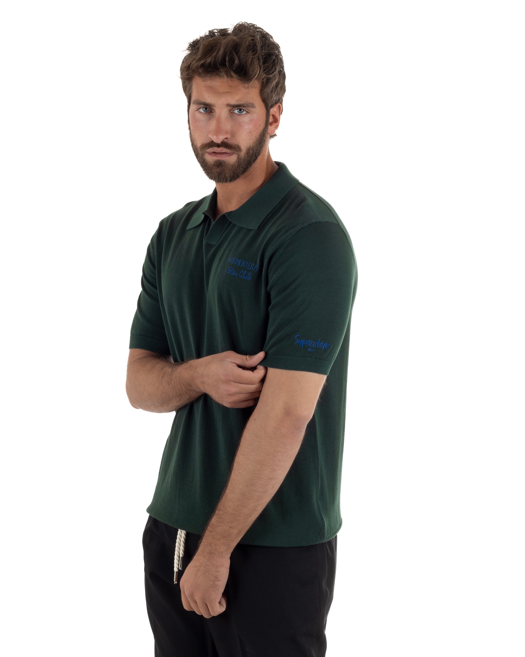 Polo uomo maglia filo leggera con ricami e colletto aperto verde SUPERCULTURE-AK6013