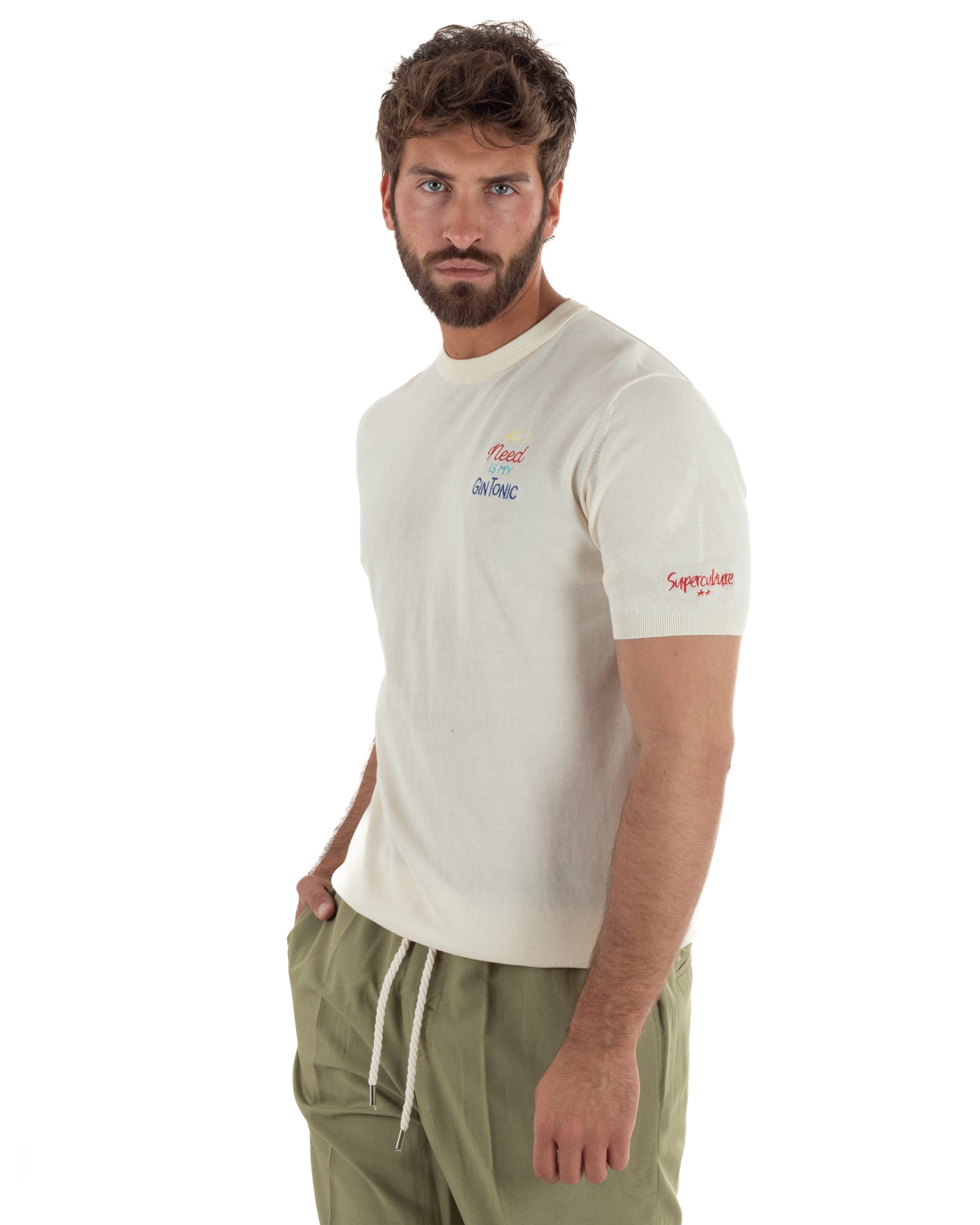 T-shirt uomo maglia filo con ricamo ALL I NEED IS MY GIN TONIC leggera panna SUPERCULTURE-AK6009