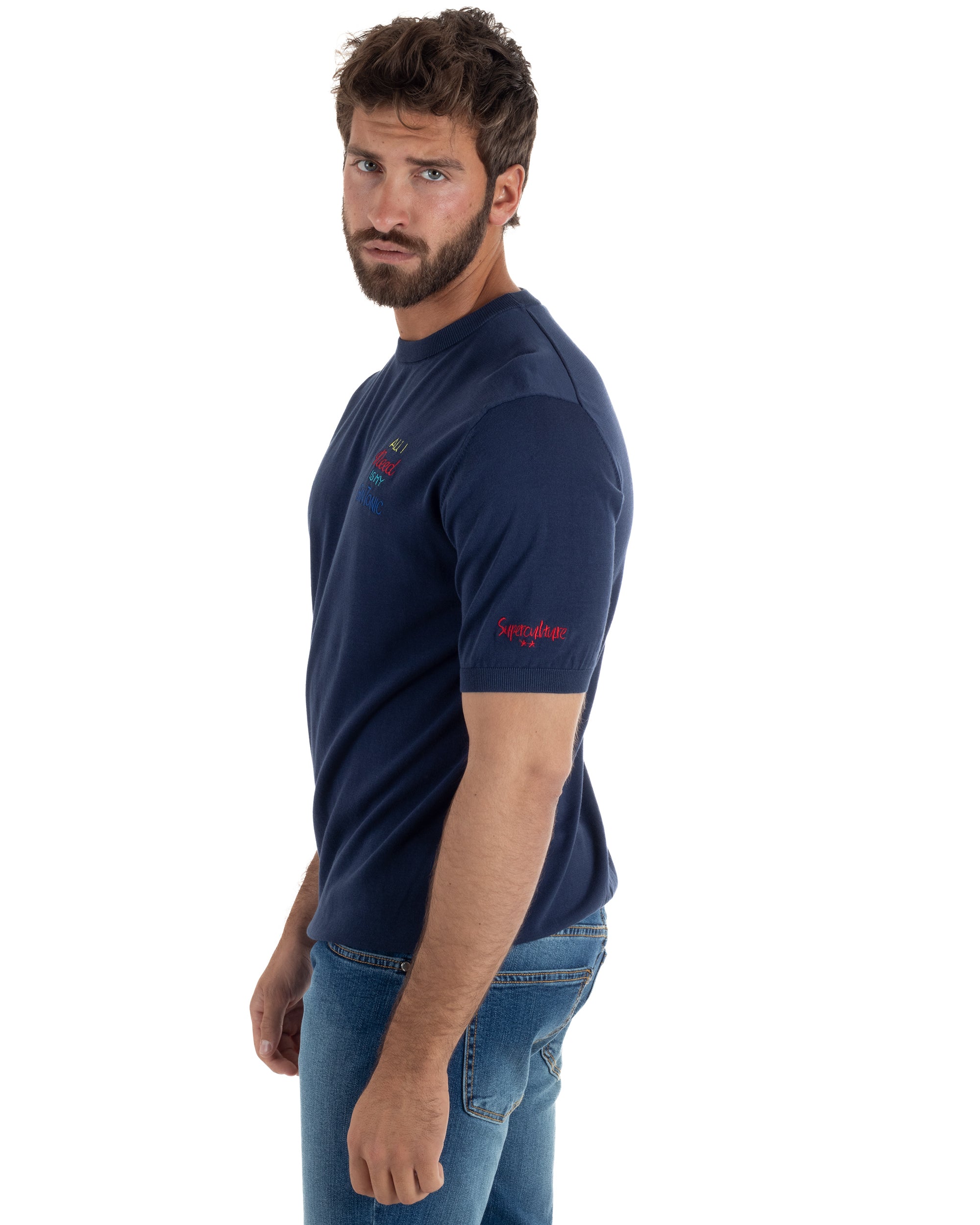 T-Shirt uomo maglia filo con ricamo ALL I NEED IS MY GIN TONIC leggera blu SUPERCULTURE-AK6009