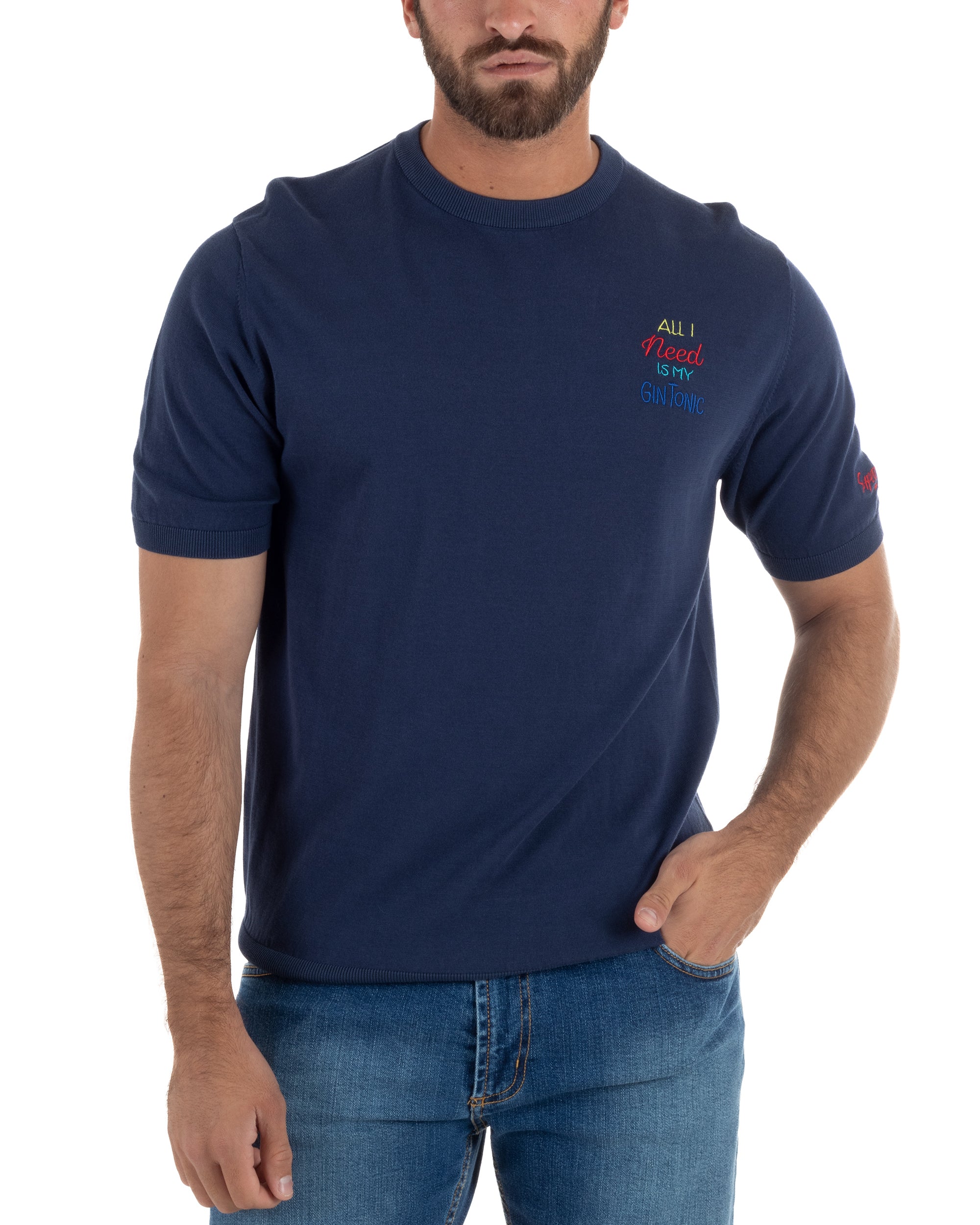 T-Shirt uomo maglia filo con ricamo ALL I NEED IS MY GIN TONIC leggera blu SUPERCULTURE-AK6009
