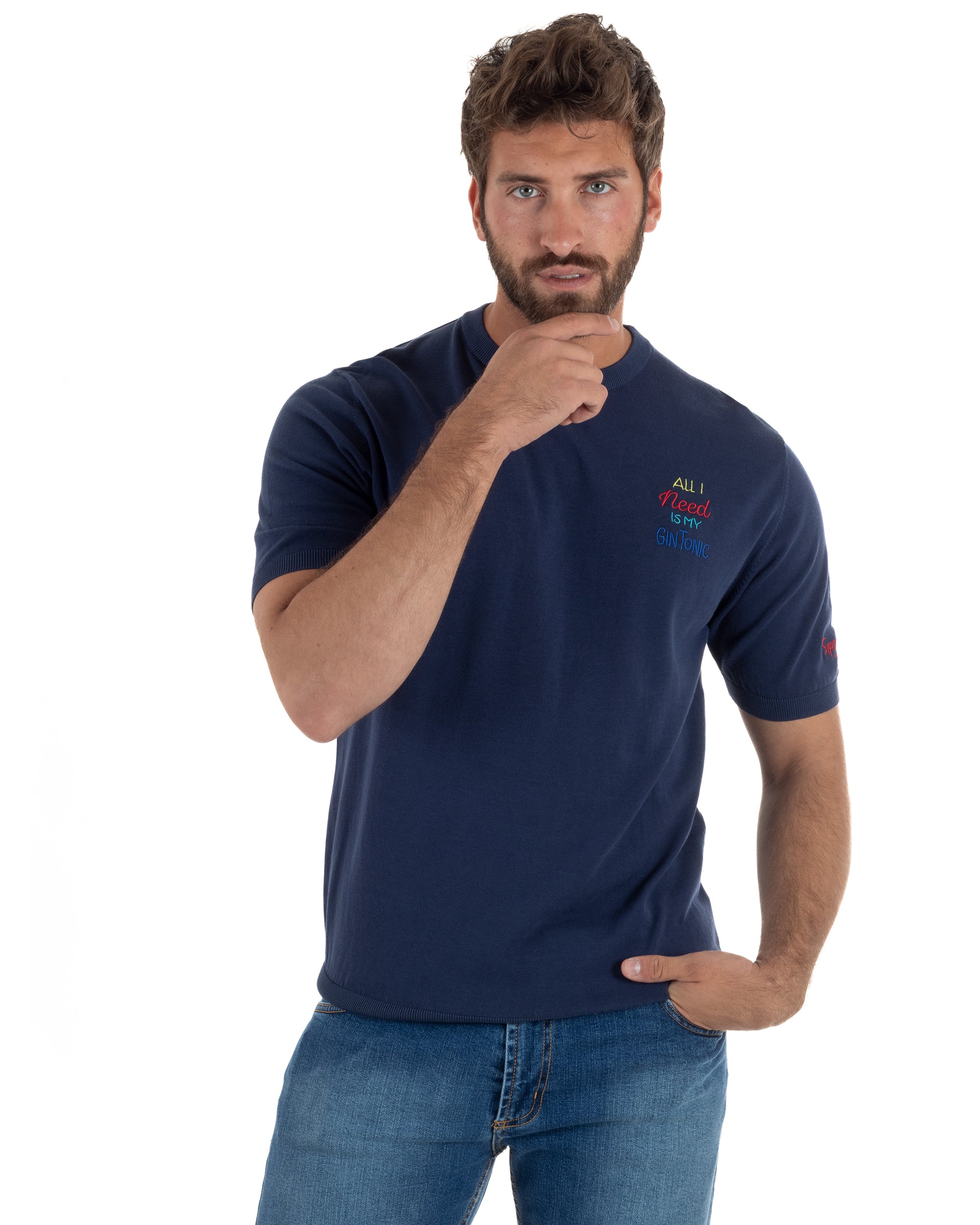 T-Shirt uomo maglia filo con ricamo ALL I NEED IS MY GIN TONIC leggera blu SUPERCULTURE-AK6009
