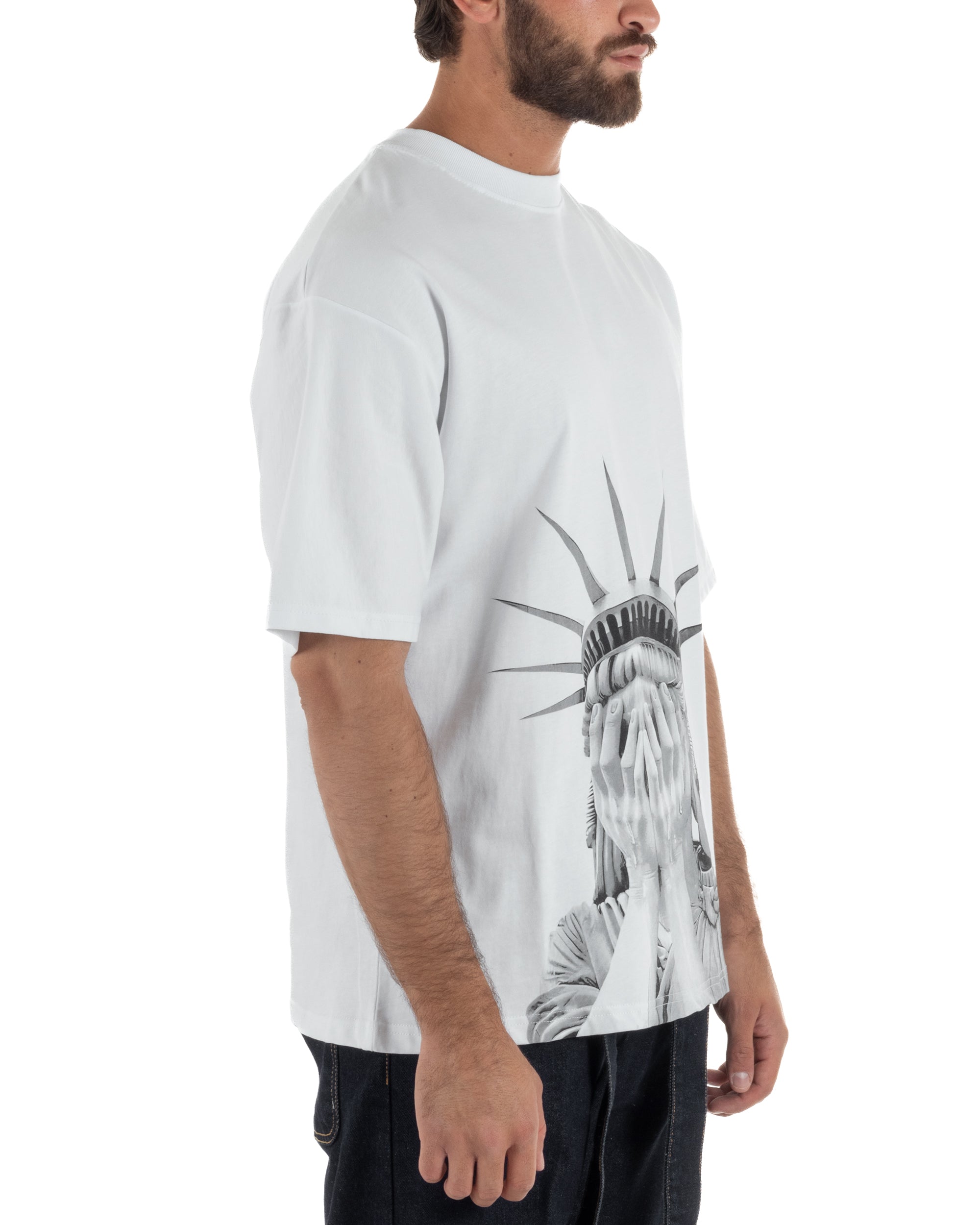 T-shirt uomo girocollo oversize streetwear con stampa bianco GIOSAL-TS3307A