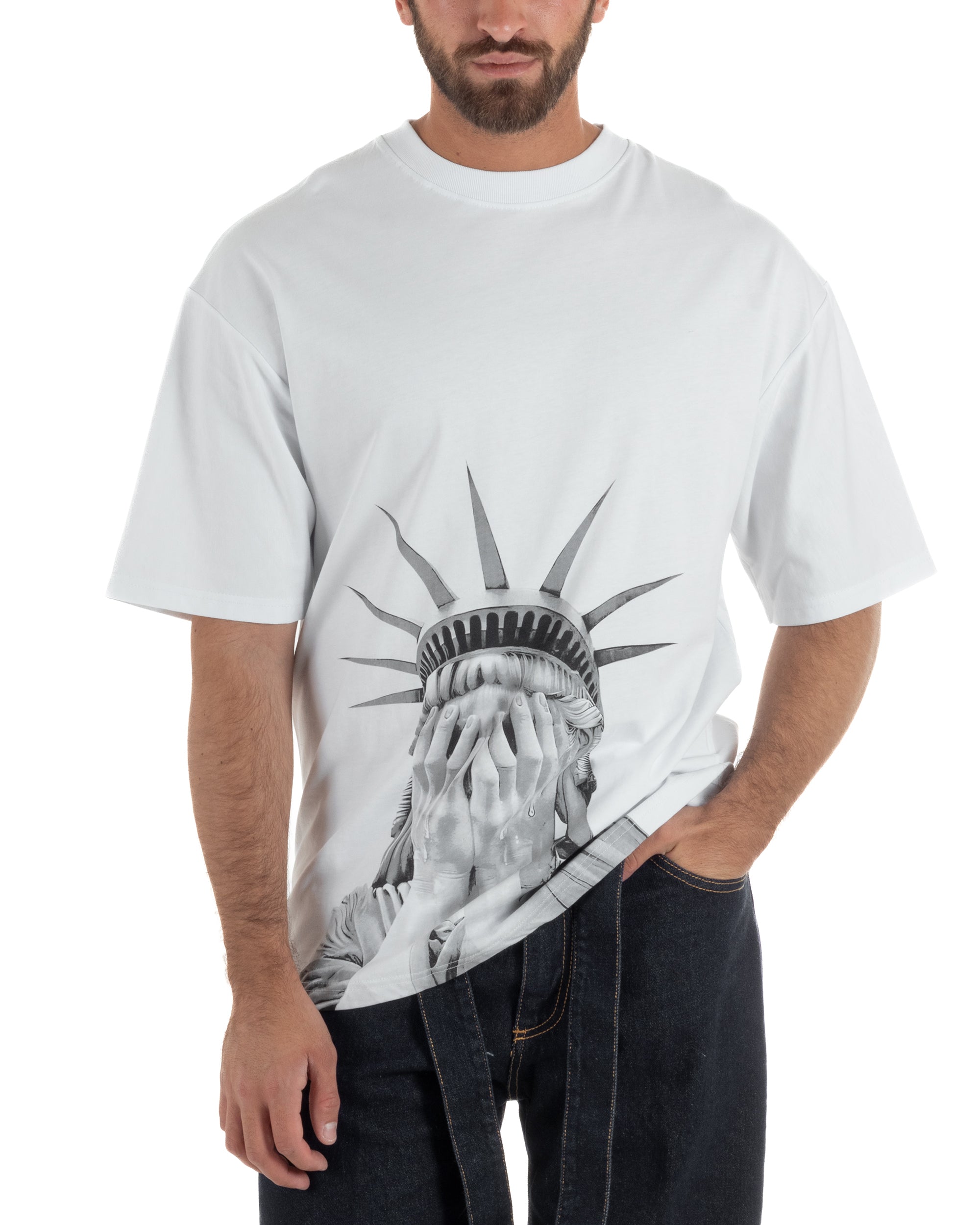 T-shirt uomo girocollo oversize streetwear con stampa bianco GIOSAL-TS3307A