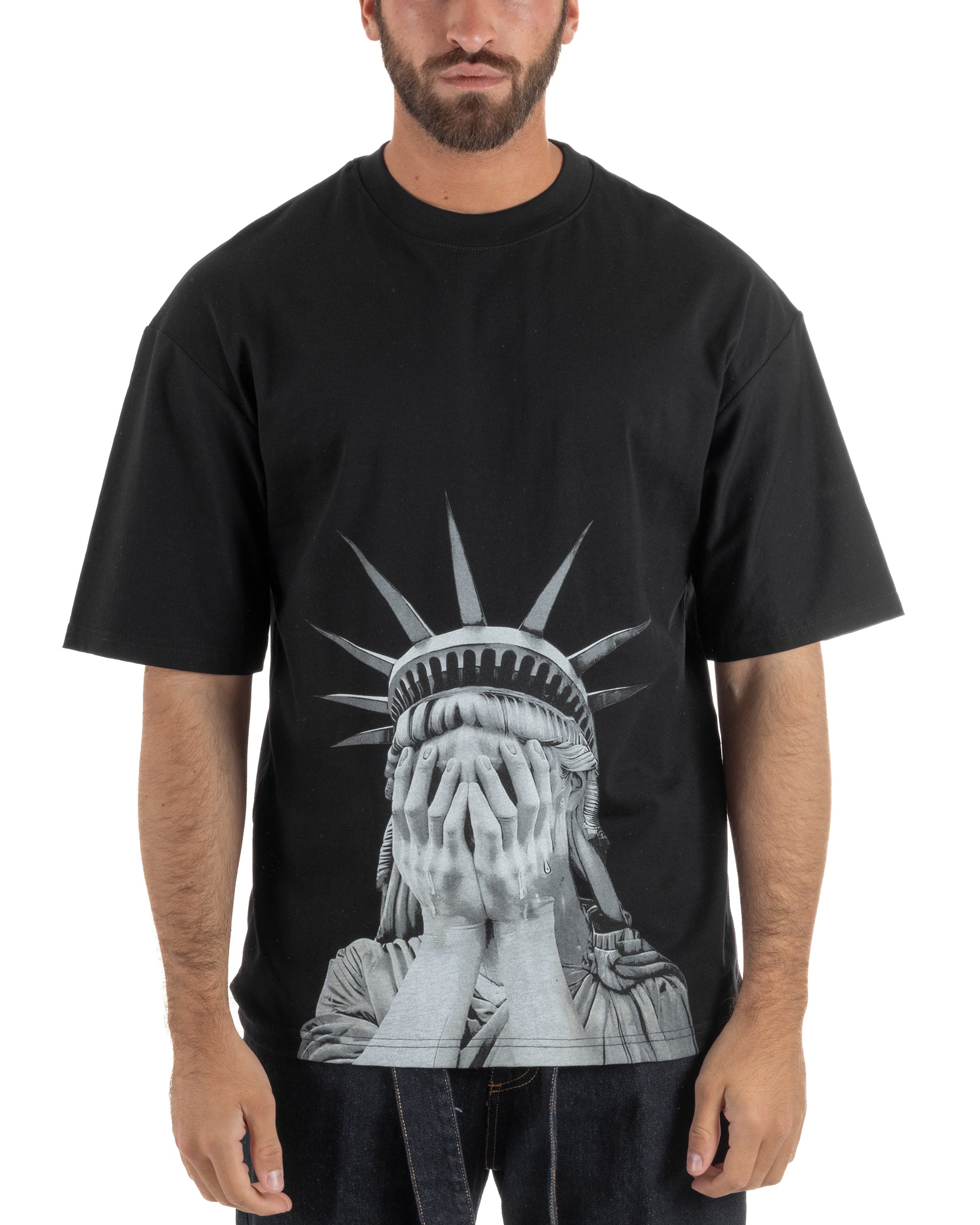 T-shirt uomo girocollo oversize streetwear con stampa nero GIOSAL-TS3308A
