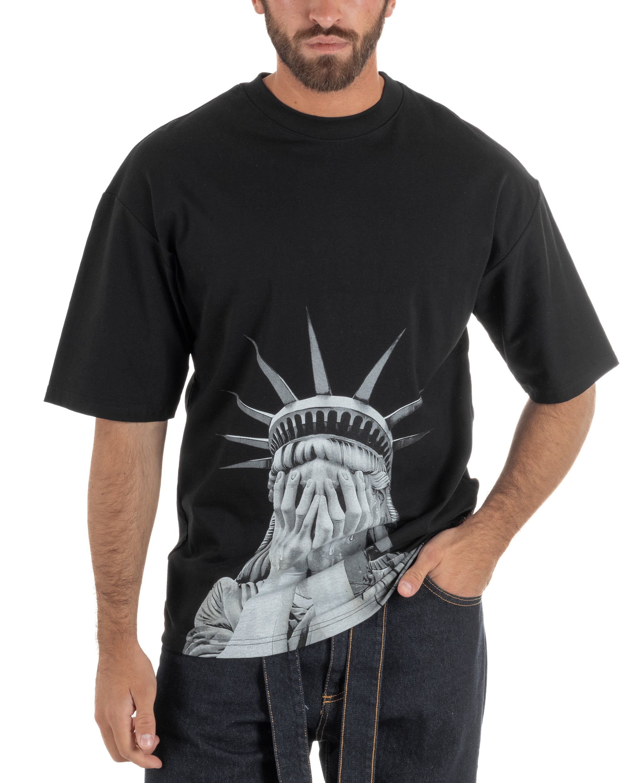 T-shirt uomo girocollo oversize streetwear con stampa nero GIOSAL-TS3308A