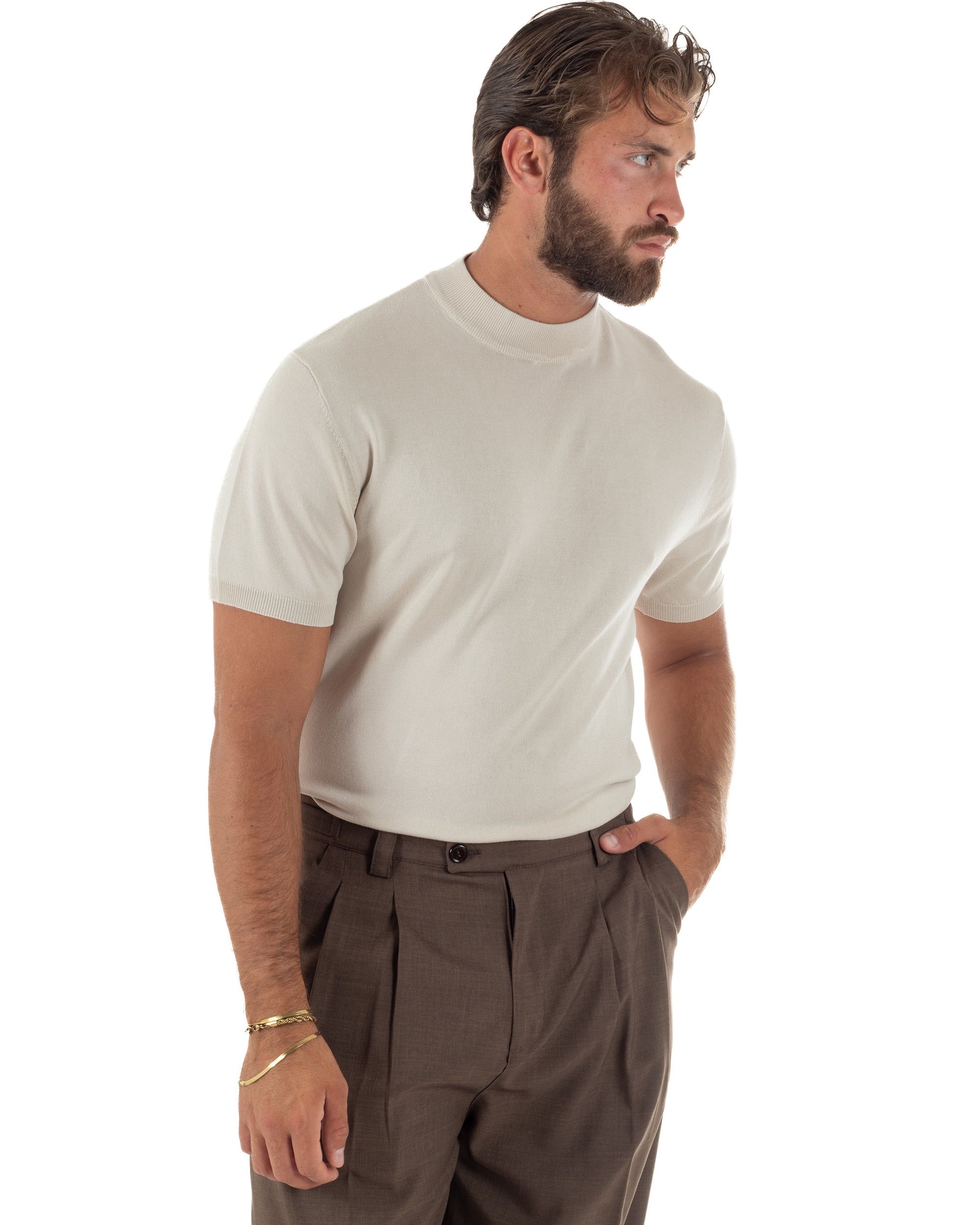 T-shirt uomo filo mezzocollo gola alta maglia basic sottogiacca beige GIOSAL-TS3312A