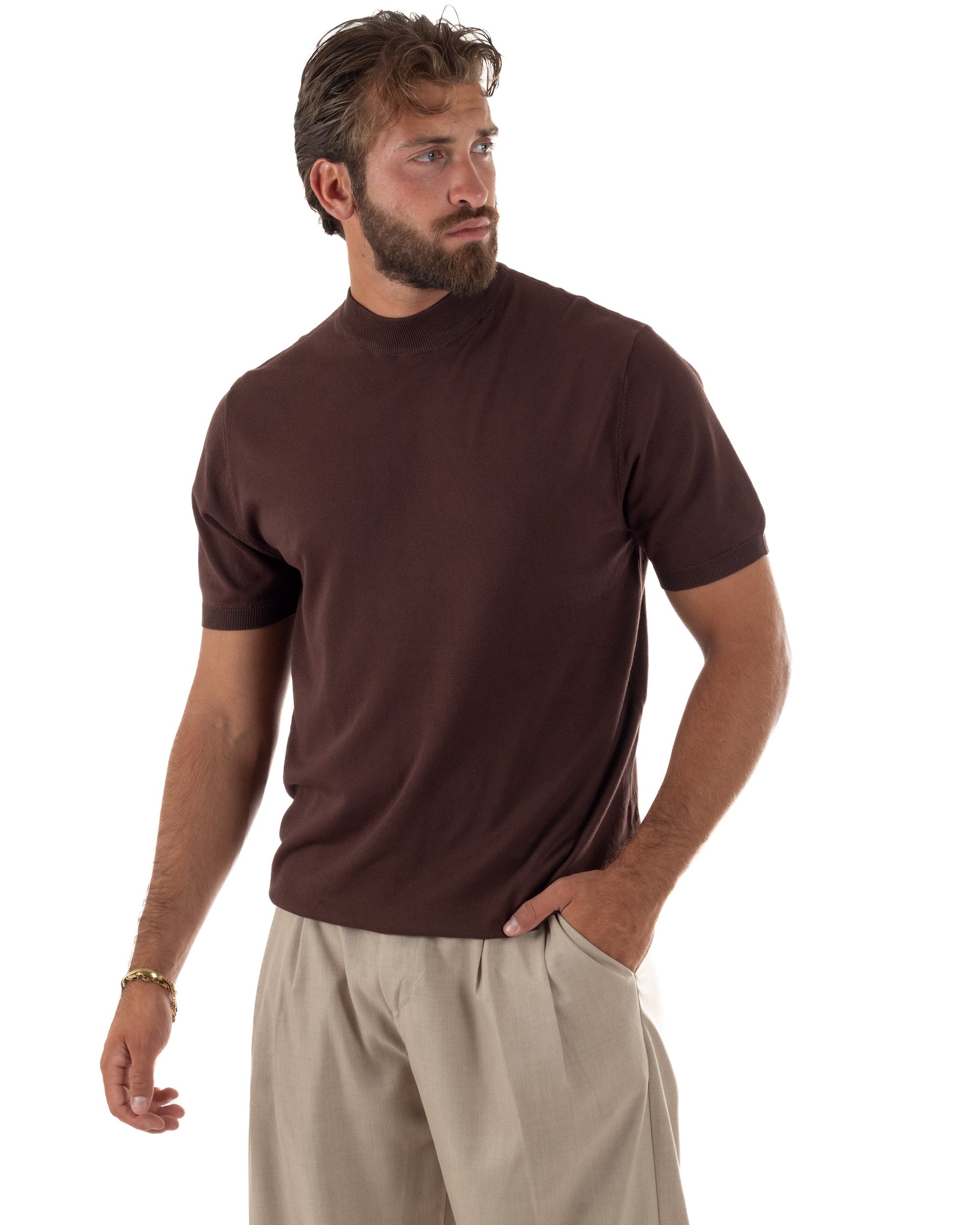 T-shirt uomo filo mezzocollo gola alta maglia basic sottogiacca marrone GIOSAL-TS3313A