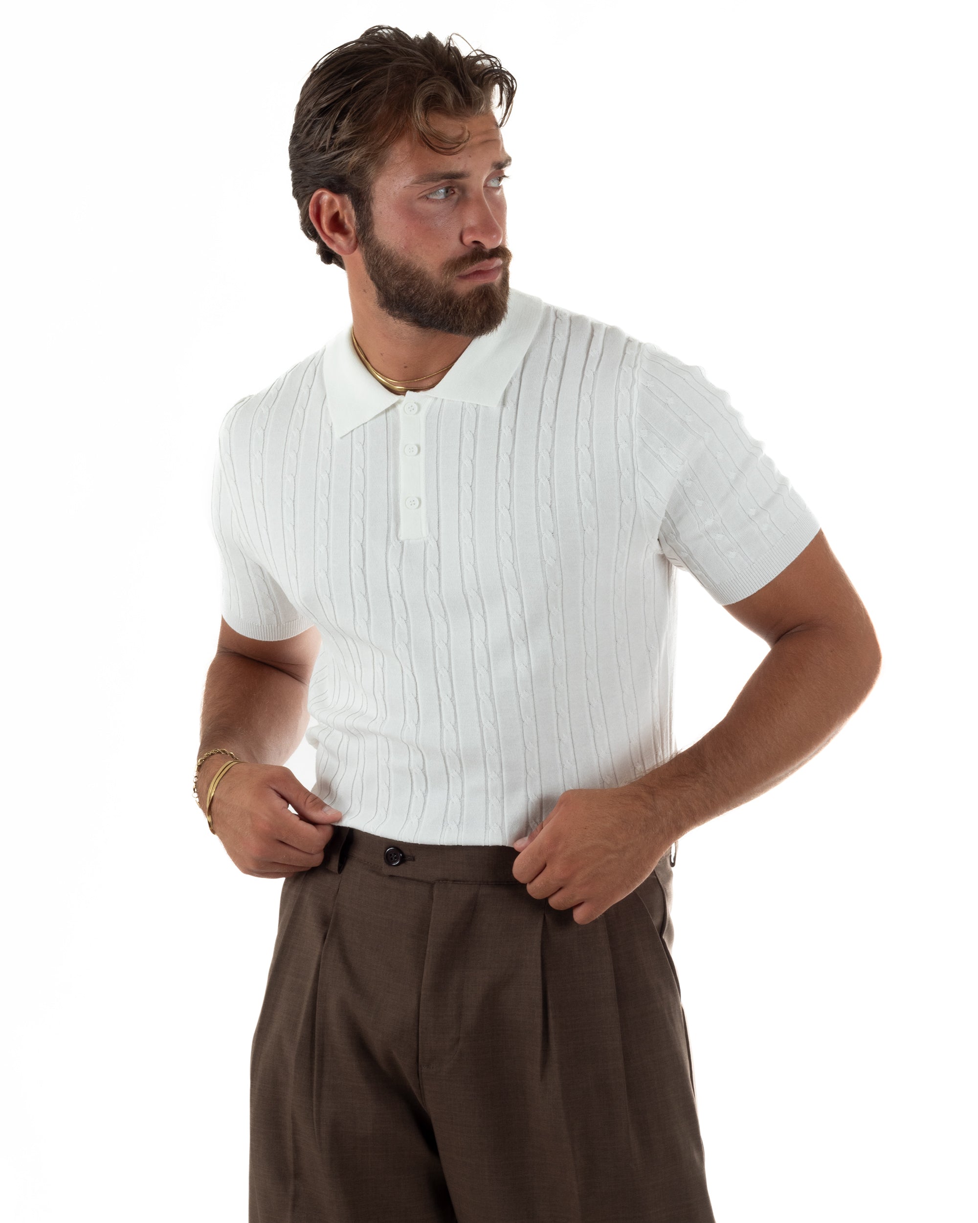 Polo uomo filo maglia trecce colletto con bottoni t-shirt sottogiacca elegante bianco GIOSAL-TS3314A