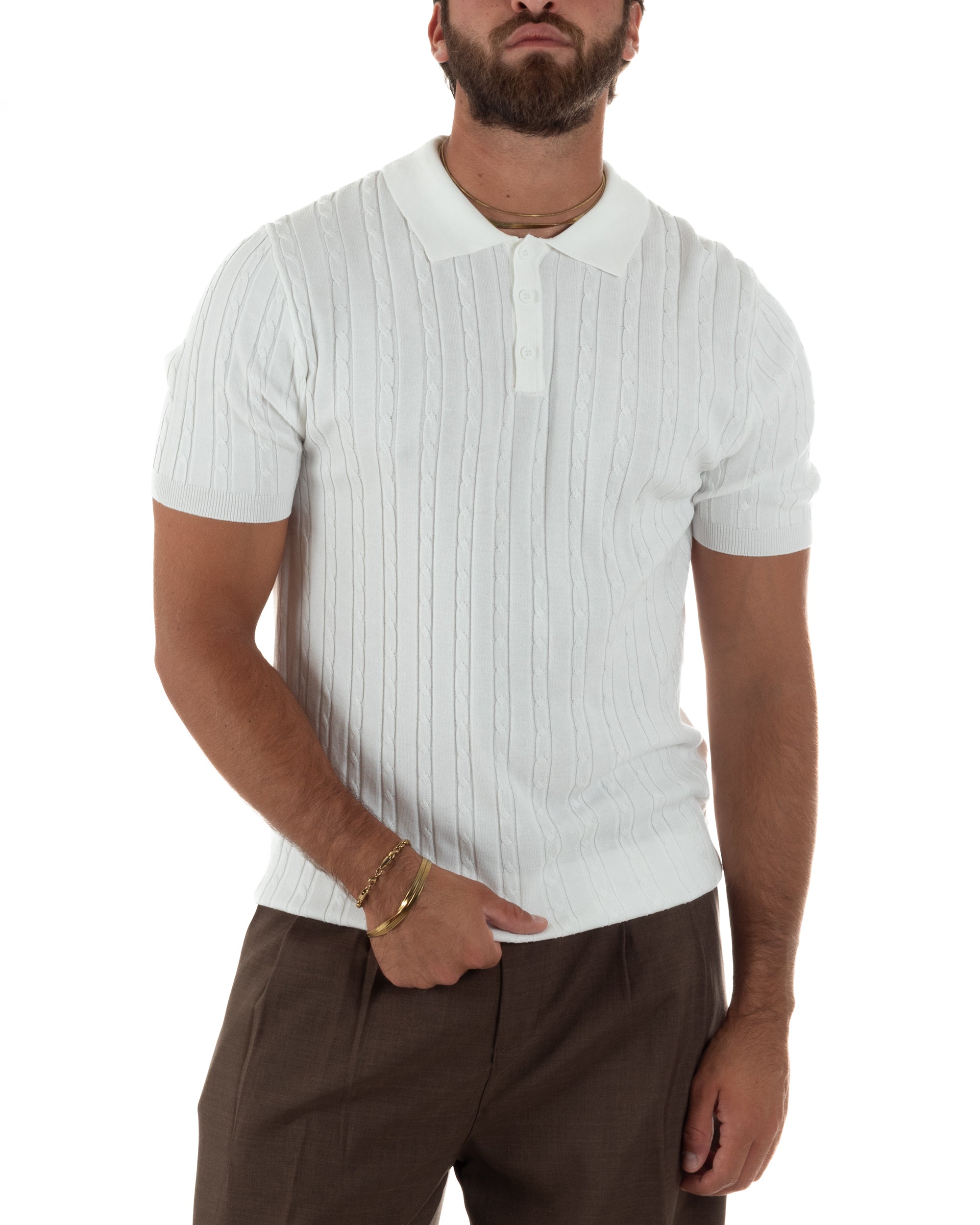 Polo uomo filo maglia trecce colletto con bottoni t-shirt sottogiacca elegante bianco GIOSAL-TS3314A