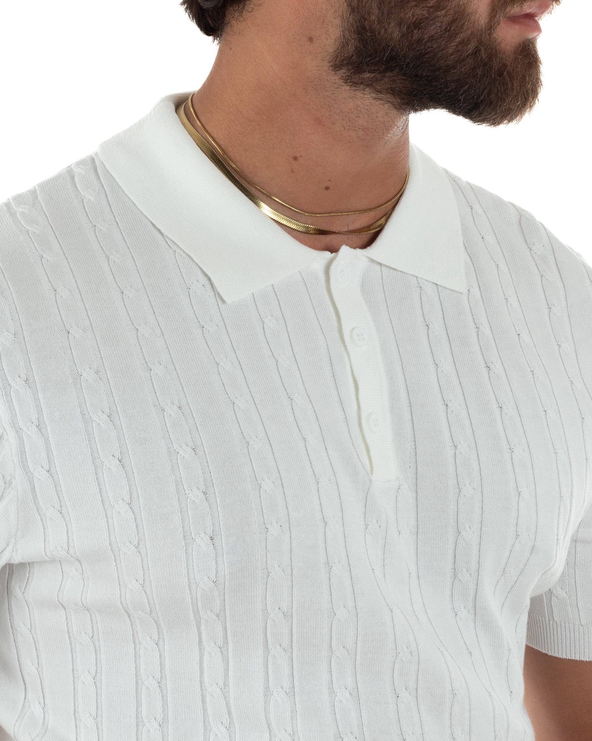 Polo uomo filo maglia trecce colletto con bottoni t-shirt sottogiacca elegante bianco GIOSAL-TS3314A