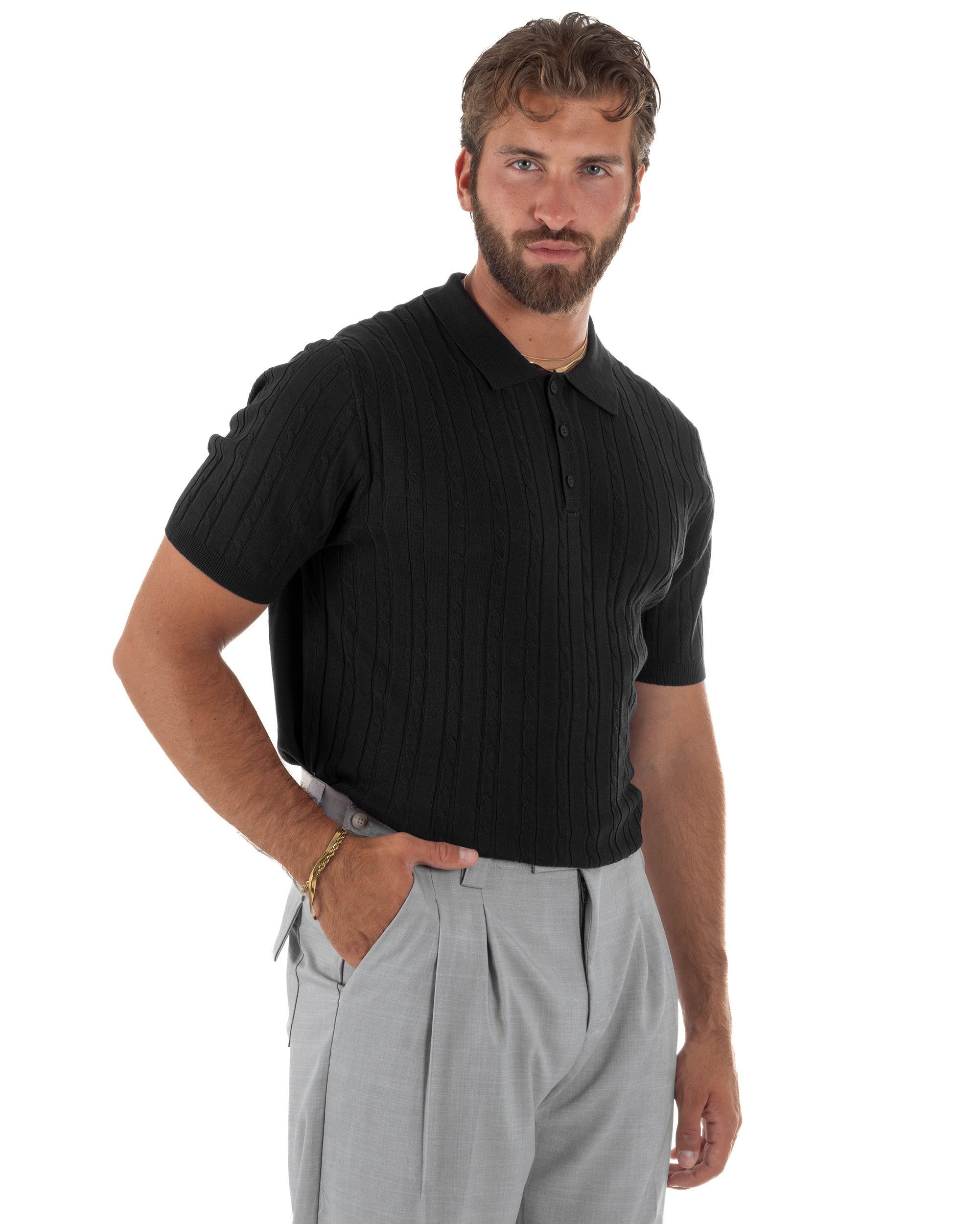 Polo uomo filo maglia trecce colletto con bottoni t-shirt sottogiacca elegante nero GIOSAL-TS3315A