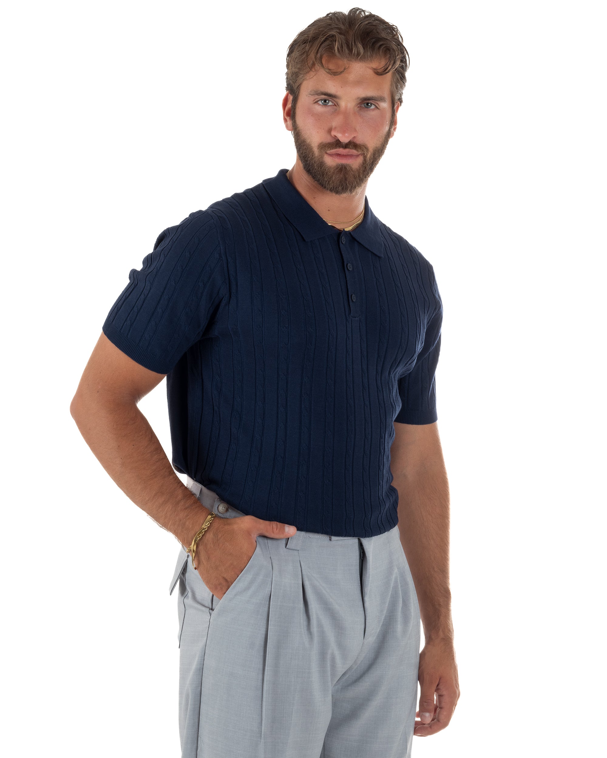 Polo uomo filo maglia trecce colletto con bottoni t-shirt sottogiacca elegante blu GIOSAL-TS3316A