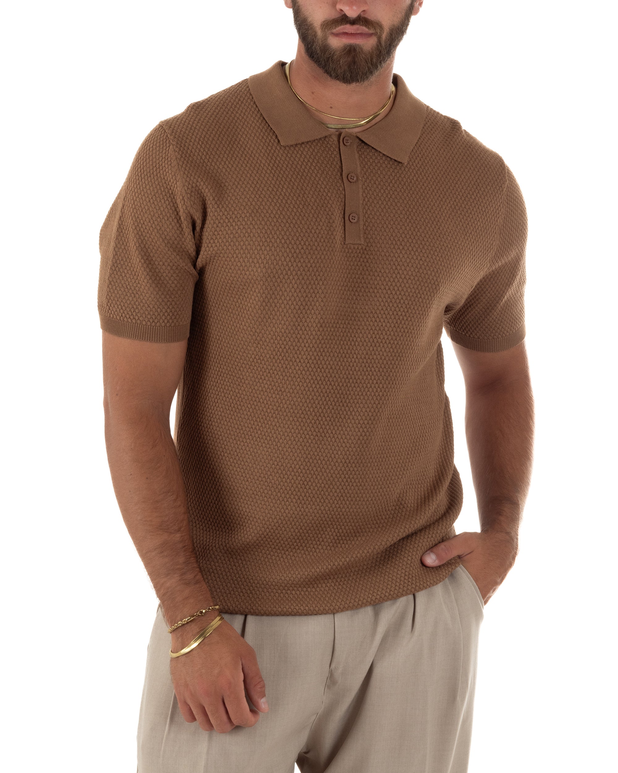 Polo uomo filo maglia nido d'ape colletto t-shirt sottogiacca camel GIOSAL-TS3317A