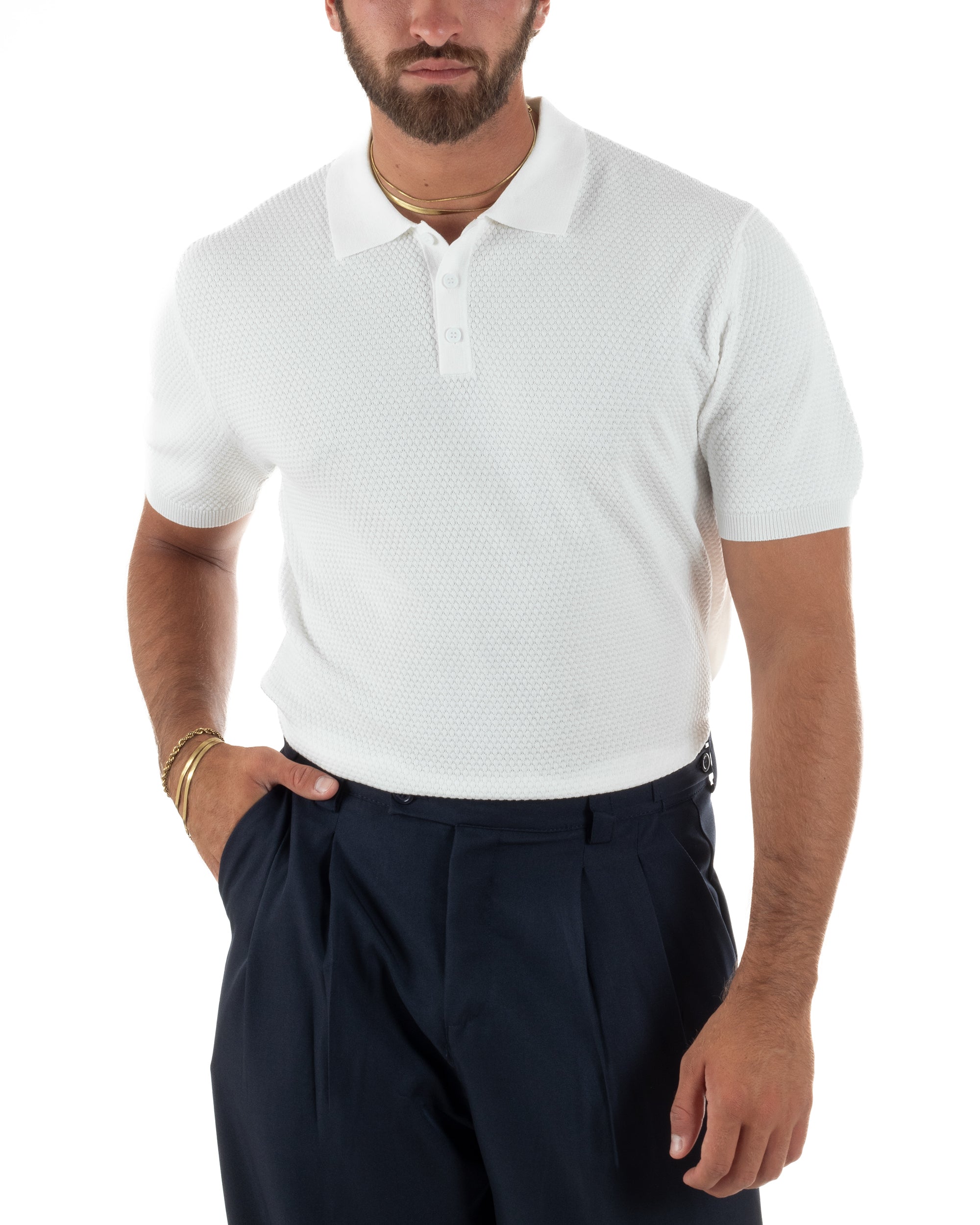 Polo uomo filo maglia nido d'ape colletto t-shirt sottogiacca bianco GIOSAL-TS3318A