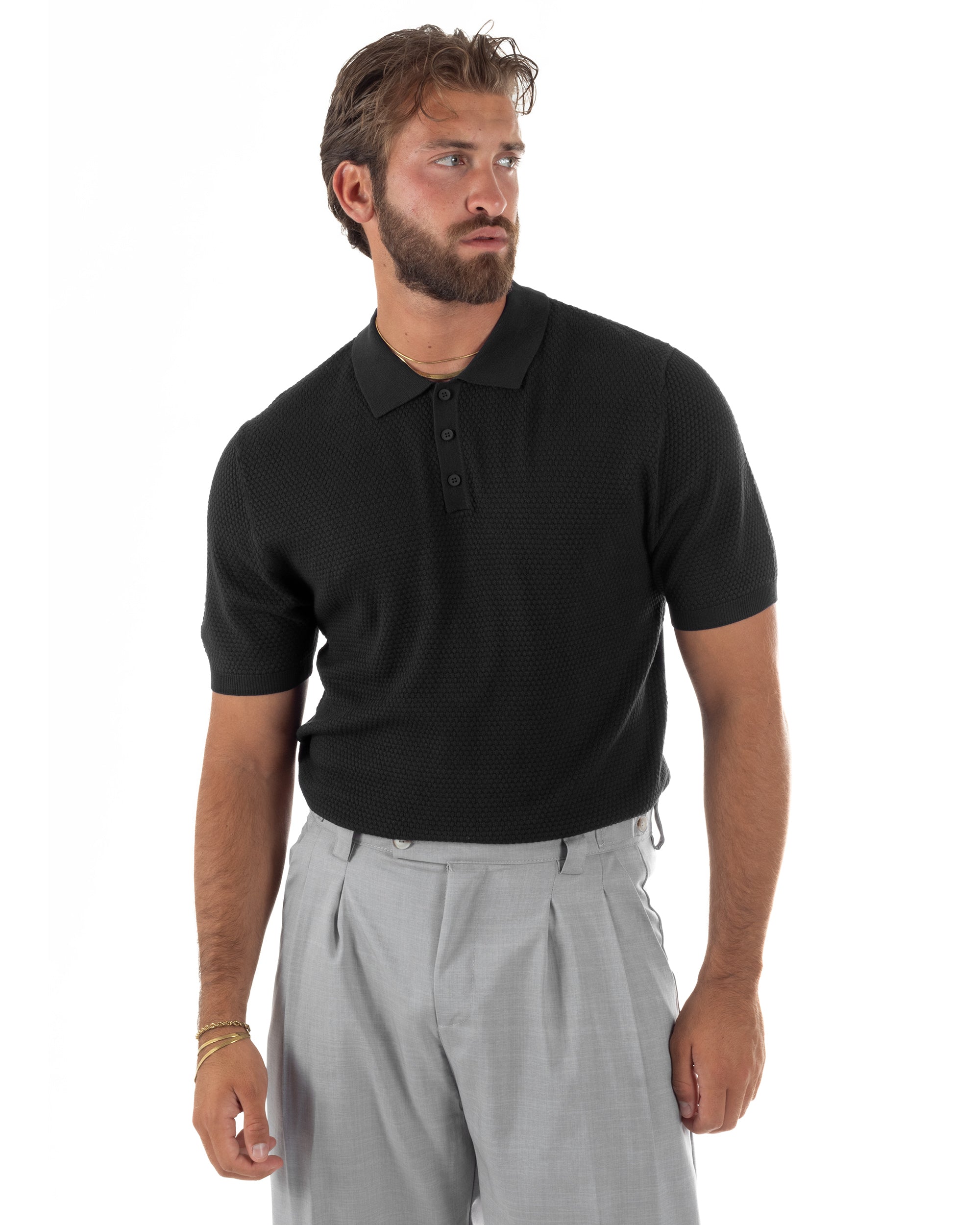 Polo uomo filo maglia nido d'ape colletto t-shirt sottogiacca nero GIOSAL-TS3319A