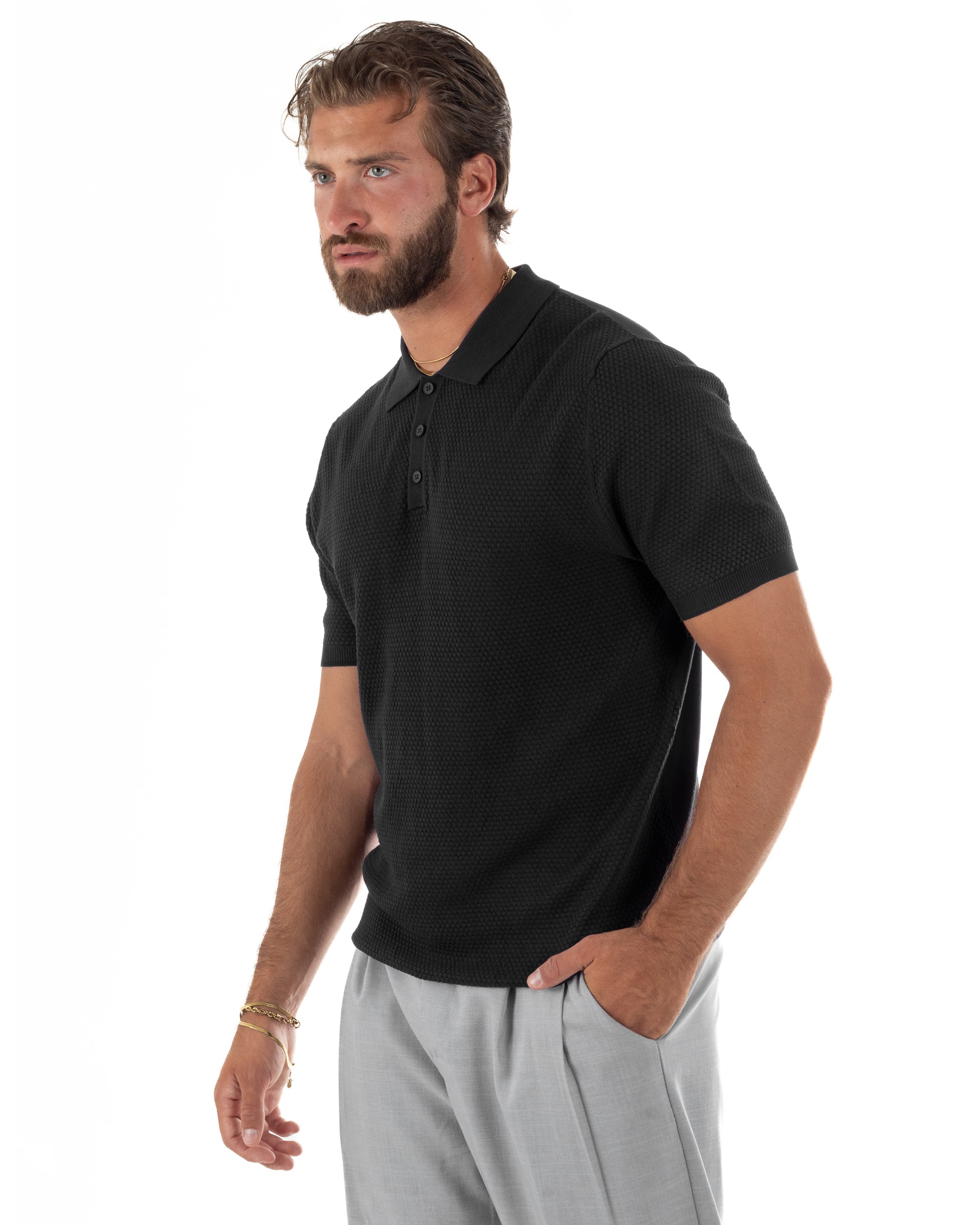 Polo uomo filo maglia nido d'ape colletto t-shirt sottogiacca nero GIOSAL-TS3319A