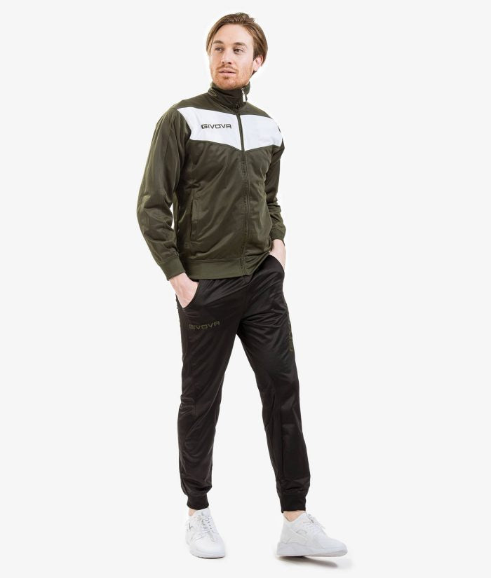 Tuta GIVOVA VISA VERDE MILITARE NERO Triacetato Set Unisex Sportivo Da Ginnastica Felpa Con Zip Pantaloni Tracksuit Bicolore GIOSAL