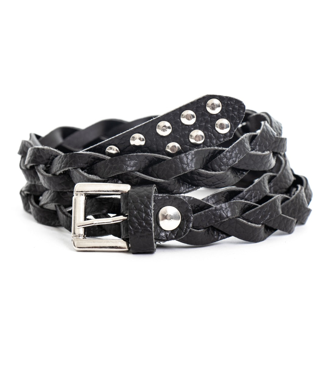 Men's Belt With Studs Woven Belt Adjustable Metal Buckle Black Faux Leather GIOSAL-A2051A