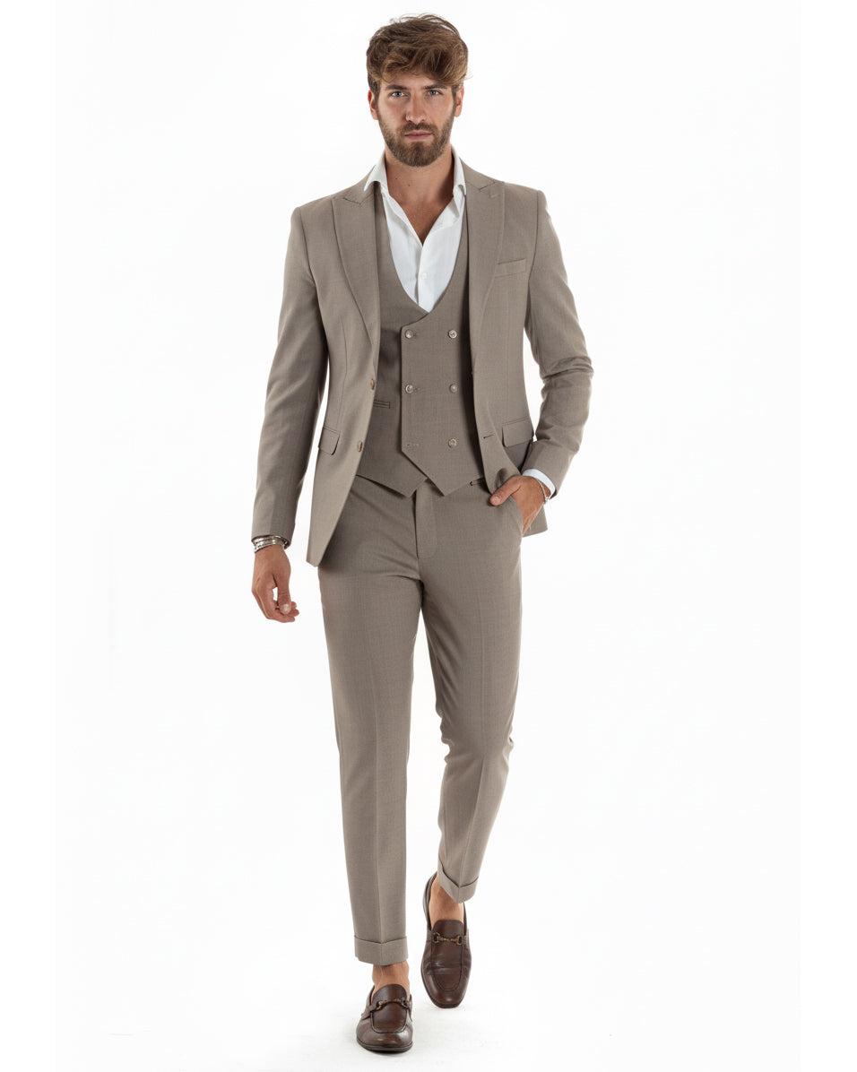 Abito Uomo Monopetto Vestito 3 Pezzi Completo Panciotto Beige Melangiato AE1063A