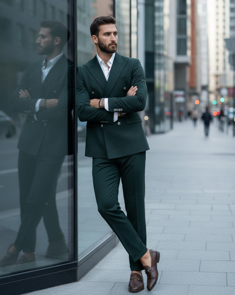 Abito Uomo Doppiopetto Vestito Completo Rigato Giacca Pantaloni Bottoni Metallo Fantasia Gessata Verde AE1089A