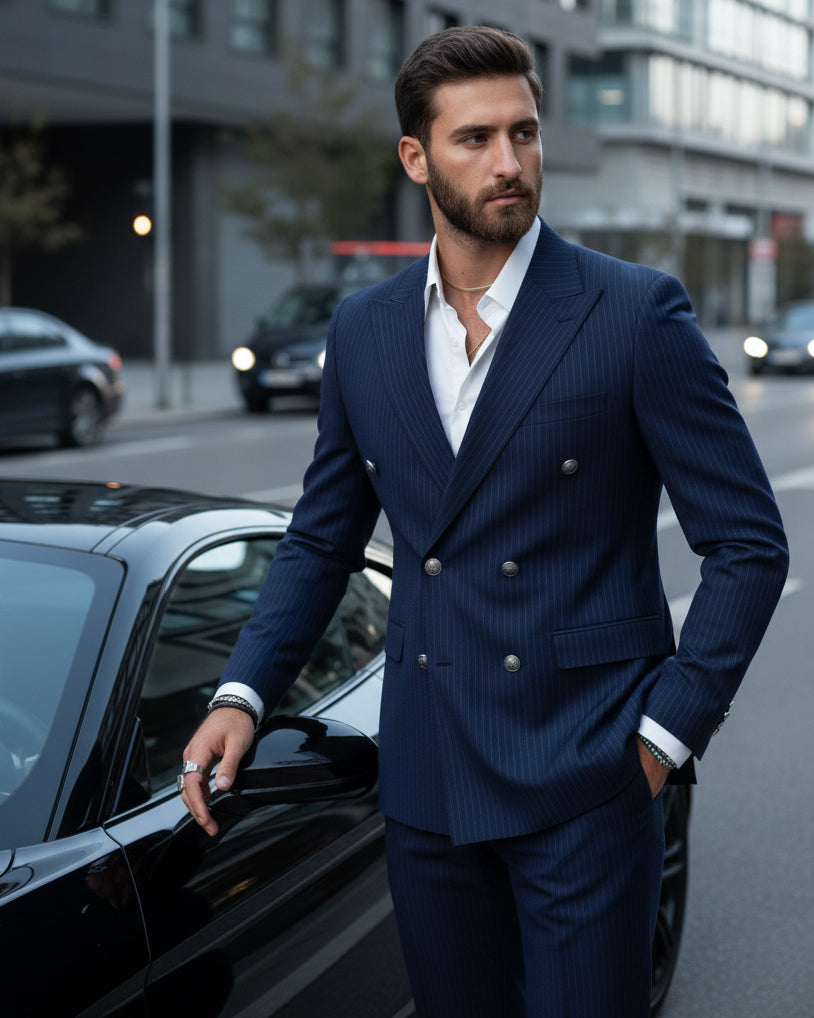 Abito Uomo Doppiopetto Vestito Completo Rigato Giacca Pantaloni Bottoni Metallo Fantasia Gessata Blu AE1090A