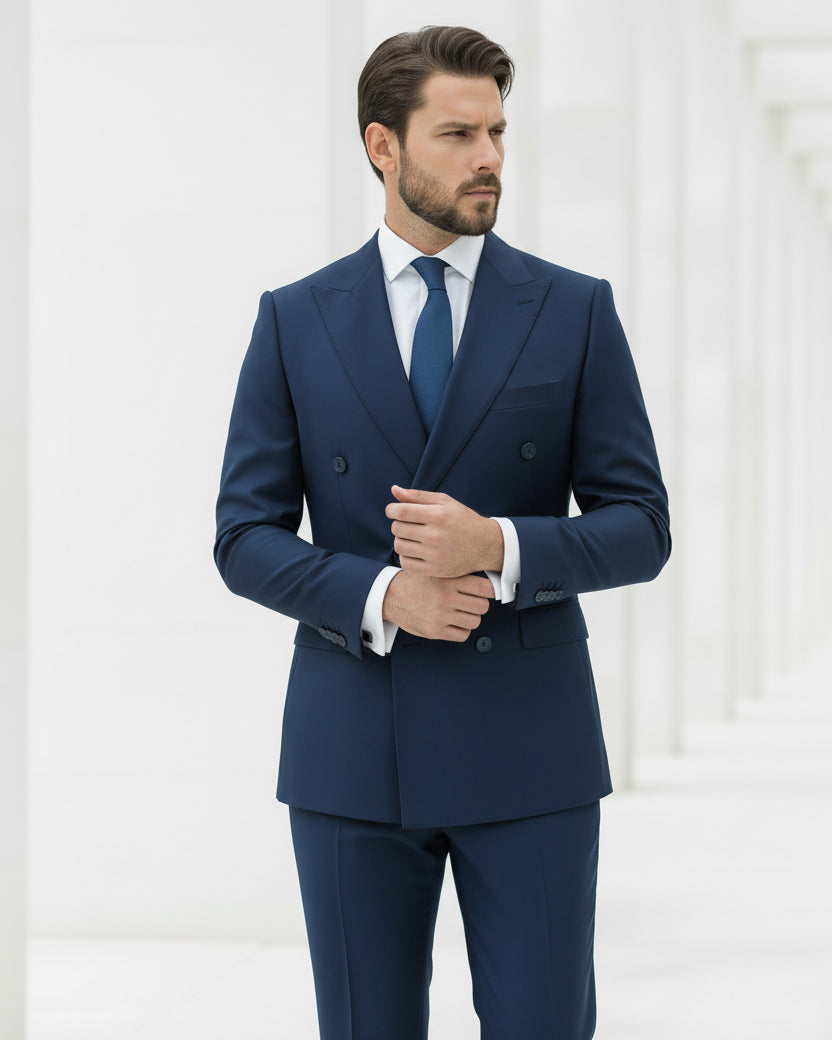 Abito Uomo Doppiopetto Vestito Viscosa Completo Giacca Pantaloni Blu Chiaro AE1115A