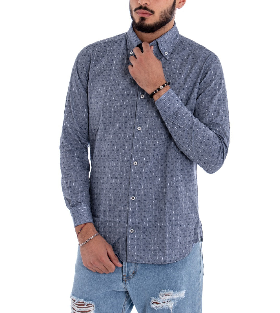 Men's Shirt With Collar Long Sleeve Slim Fit Casual Cotton Polka Dot Pattern Blue GIOSAL-C1468A