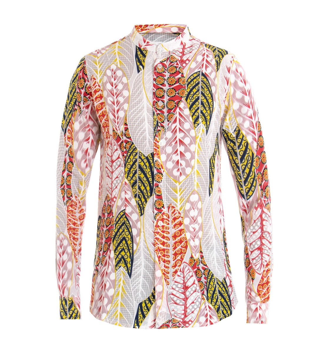 Men's Mandarin Collar Shirt Long Sleeve Casual Cotton Viscose Floral White GIOSAL-C1517A