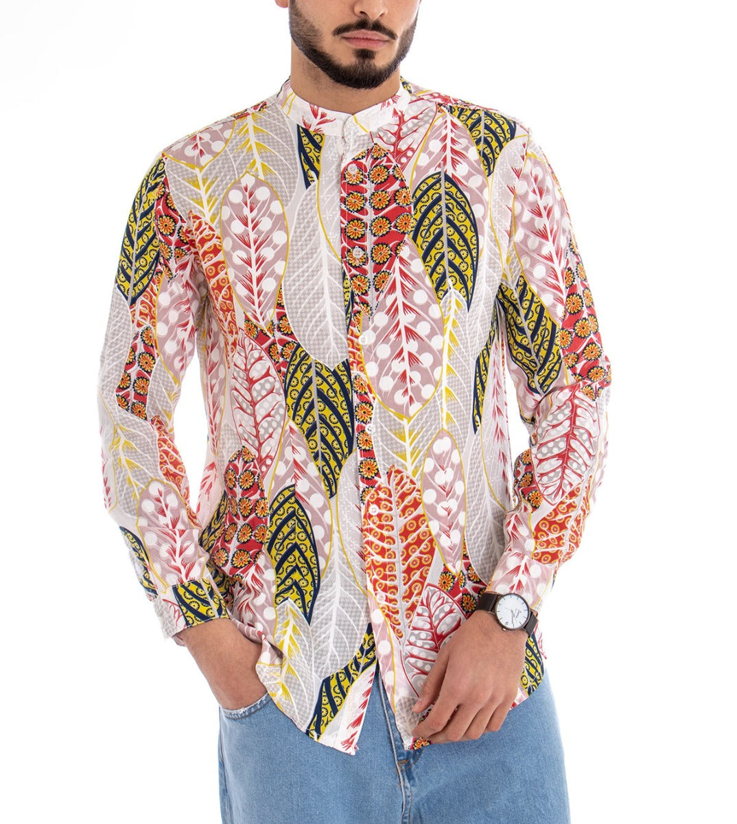Men's Mandarin Collar Shirt Long Sleeve Casual Cotton Viscose Floral White GIOSAL-C1517A