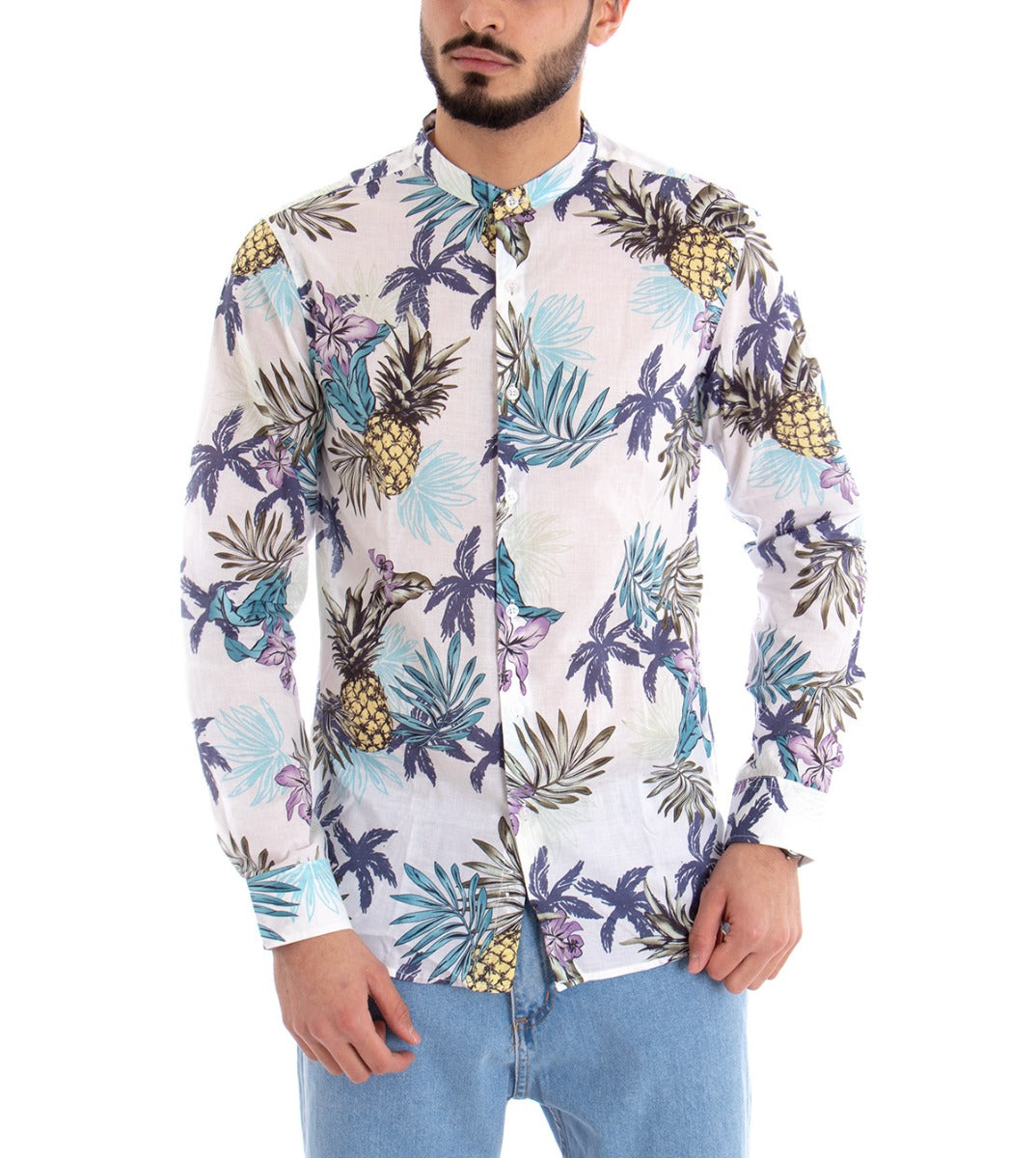 Men's Shirt With Collar Long Sleeves White Floral Cotton GIOSAL-C1518A