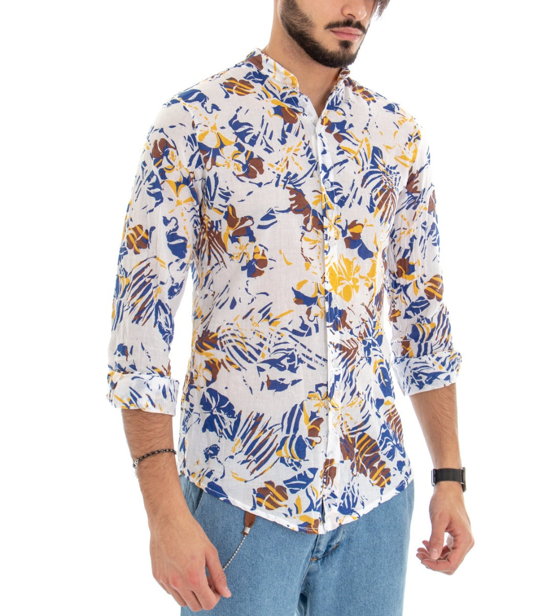 Men's Mandarin Collar Shirt Long Sleeve White Floral Cotton GIOSAL-C1589A