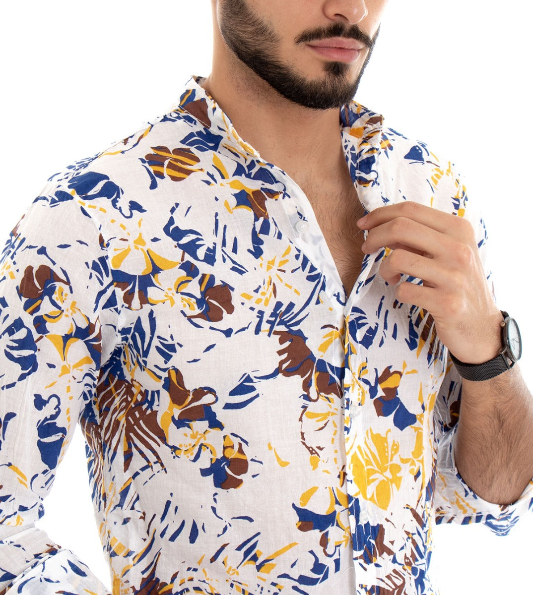 Camicia Uomo Collo Coreano Manica Lunga Cotone Floreale Bianco GIOSAL-