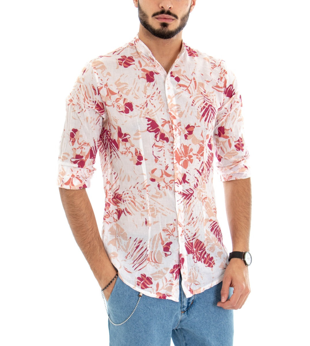 Men's Mandarin Collar Long Sleeve White Floral Cotton Shirt GIOSAL-C1590A