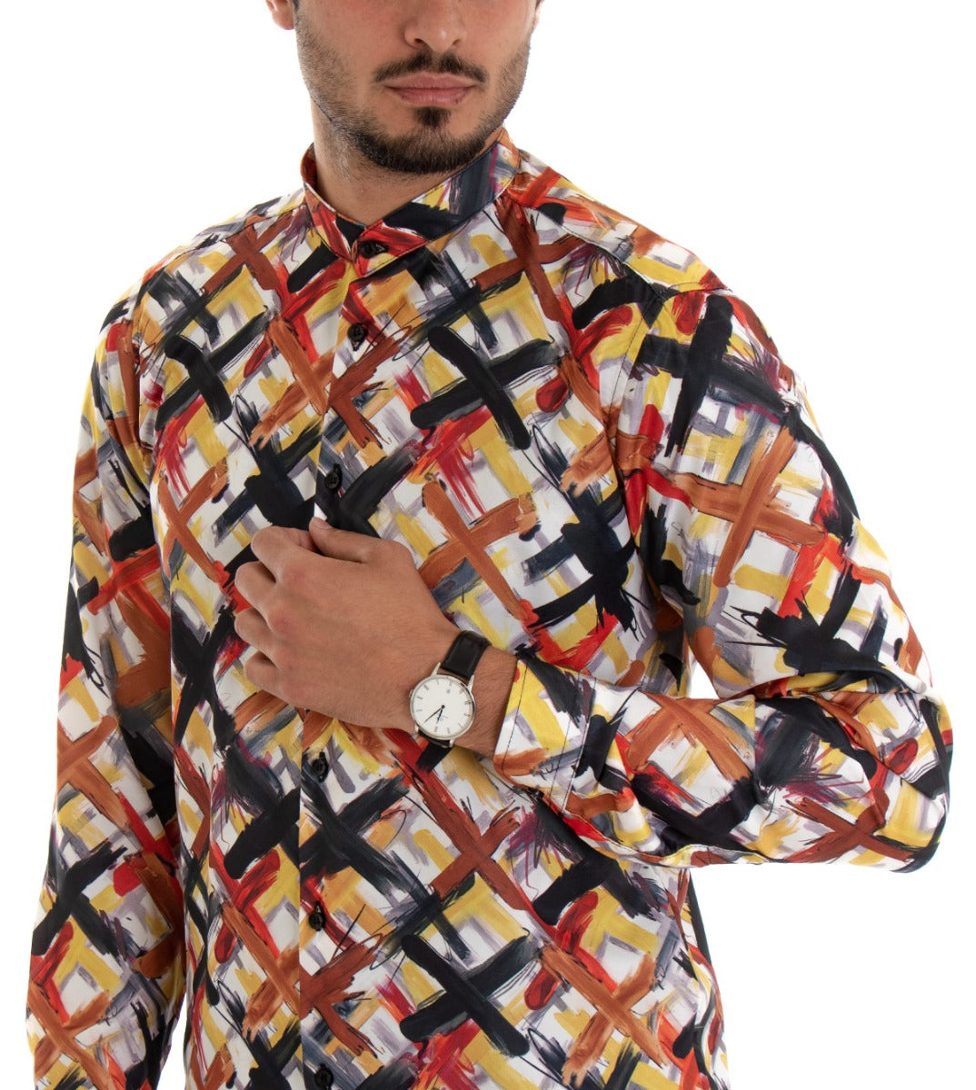 Camicia Uomo Collo Coreano Manica Lunga Cotone Viscosa Multicolore GIOSAL-C1674A