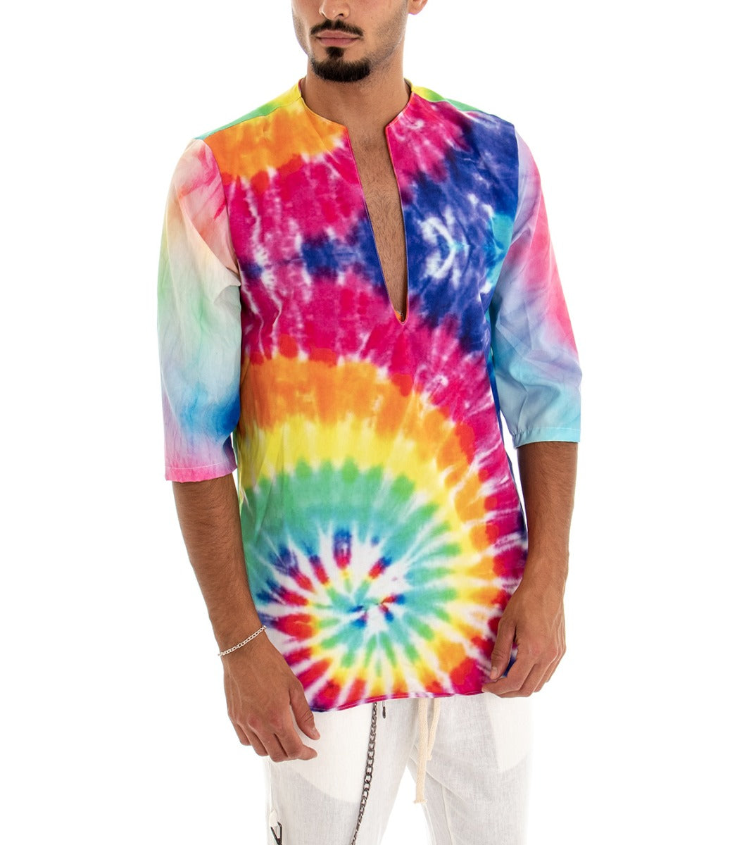 Men's Kaftan Shirt Tunic Tie Dye Multicolor Pattern Over Light Viscose Fabric GIOSAL-C1716A